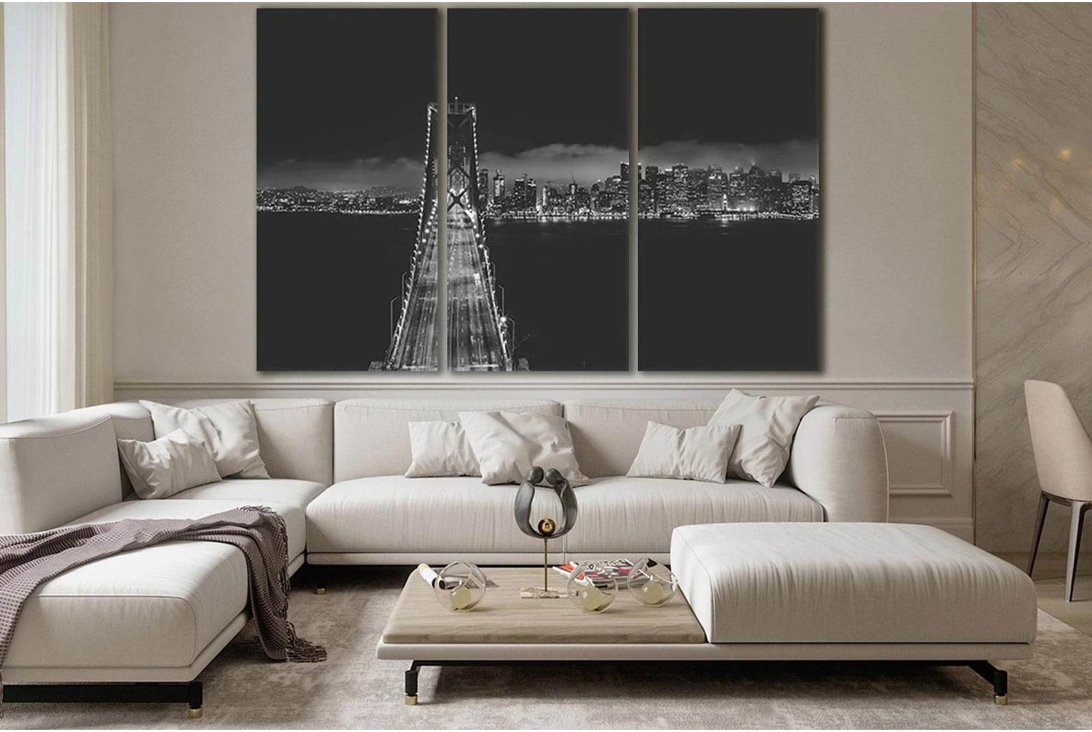 Bridge Near City Buildings Black And White №SL849 Ready to Hang Canvas Print - Zellart Canvas Prints 0new, ALL_Products, Black & White Wall Art