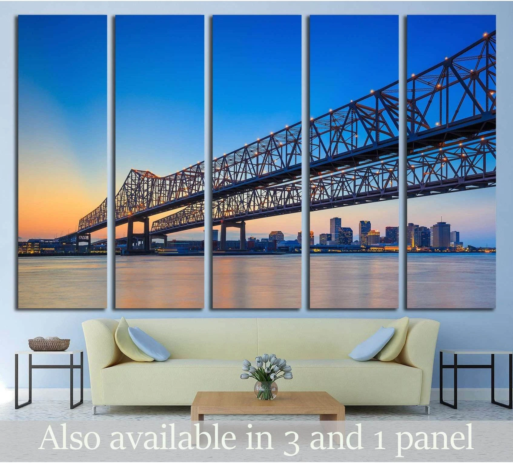 New Orleans bridge canvas print over a sofa with Mississippi River skyline at sunset