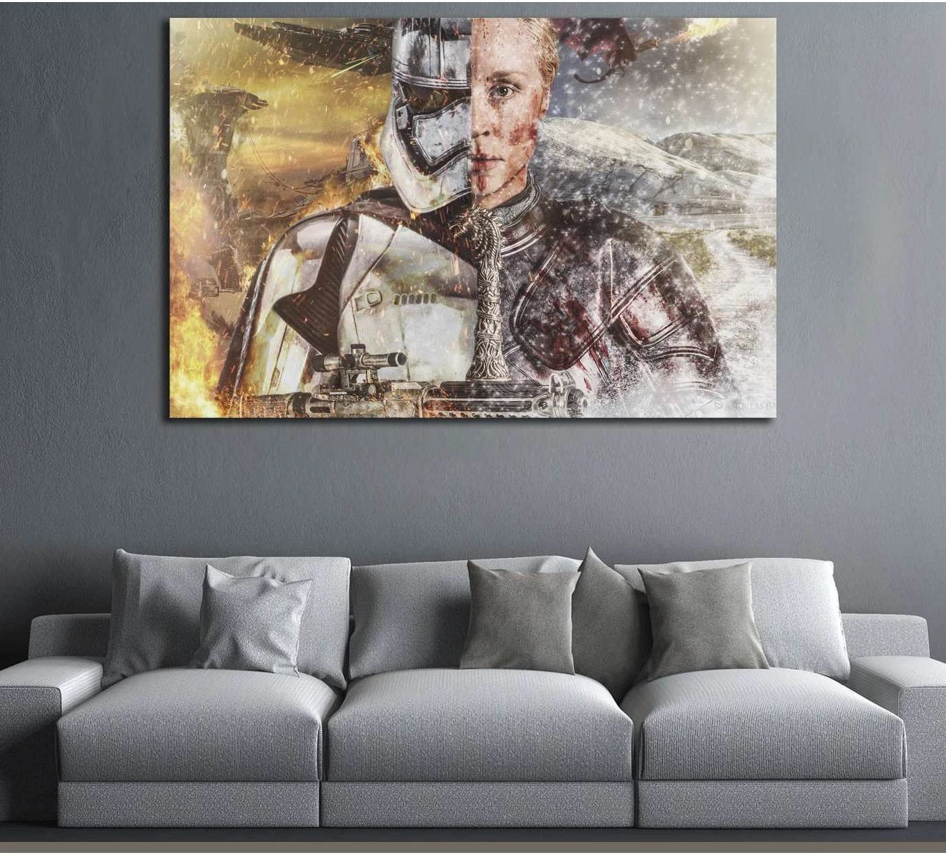 Brienne of Tarth fantasy knight canvas print with split armor portrait above a gray sofa in a modern living room