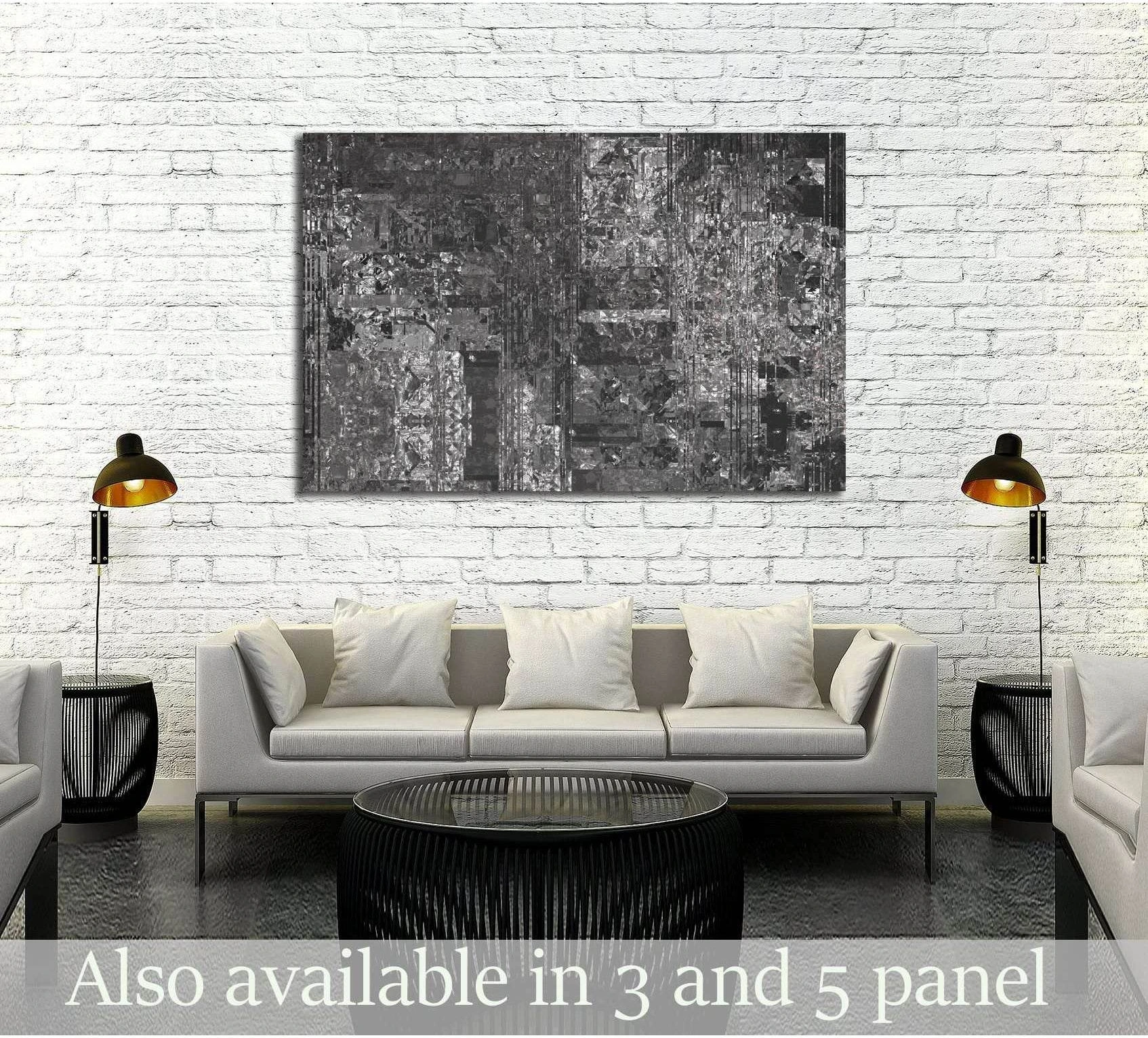 Grey abstract mosaic canvas print with textured geometric blocks above a sofa in a modern living room