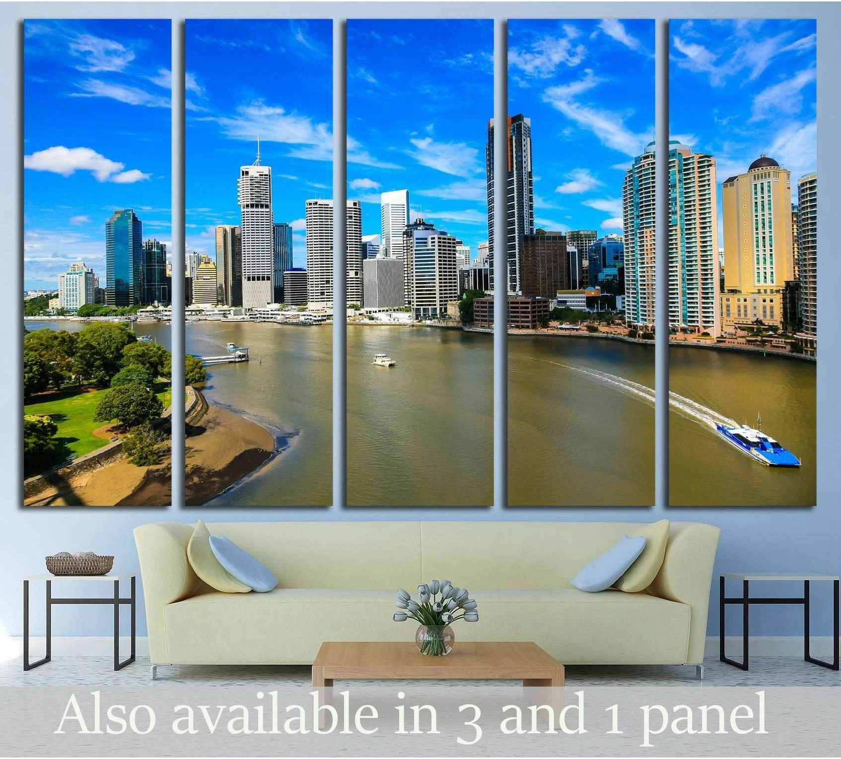 Brisbane River skyline canvas print above sofa in a modern living room mockup