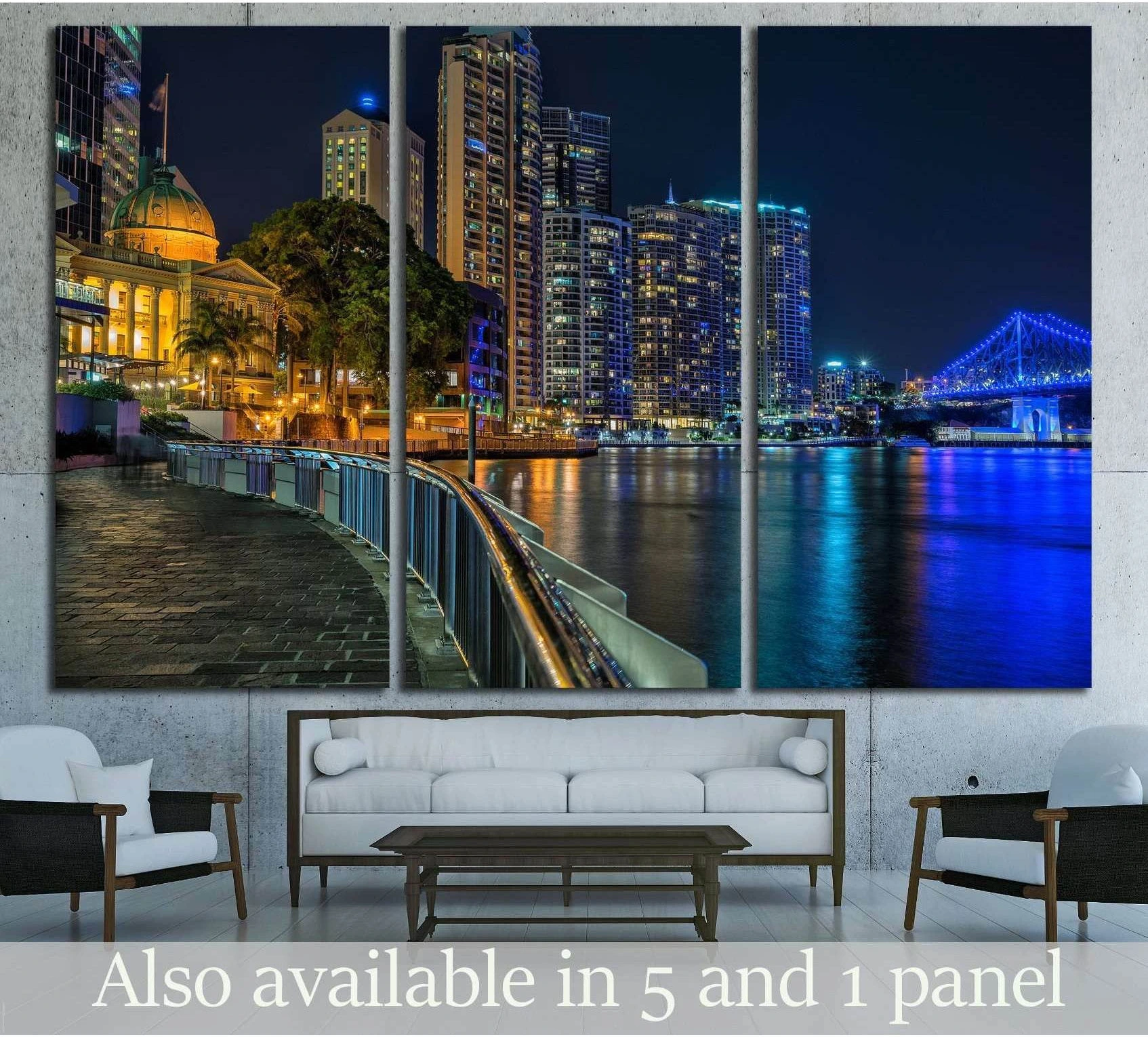Brisbane waterfront triptych canvas print with Story Bridge at night above a sofa