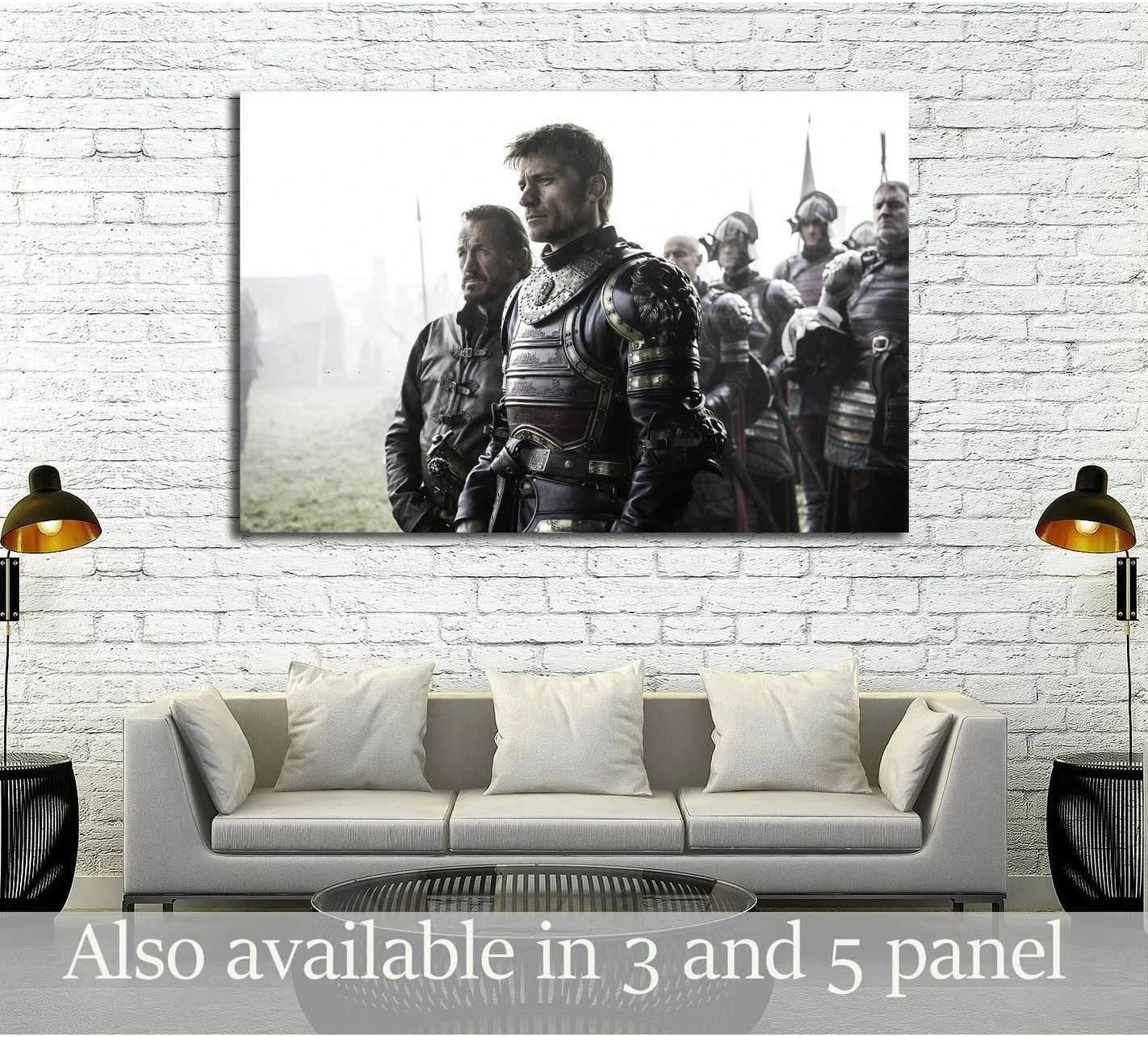 Bronn and Jaime Lannister canvas print with armored soldiers hung above a sofa in a modern living room