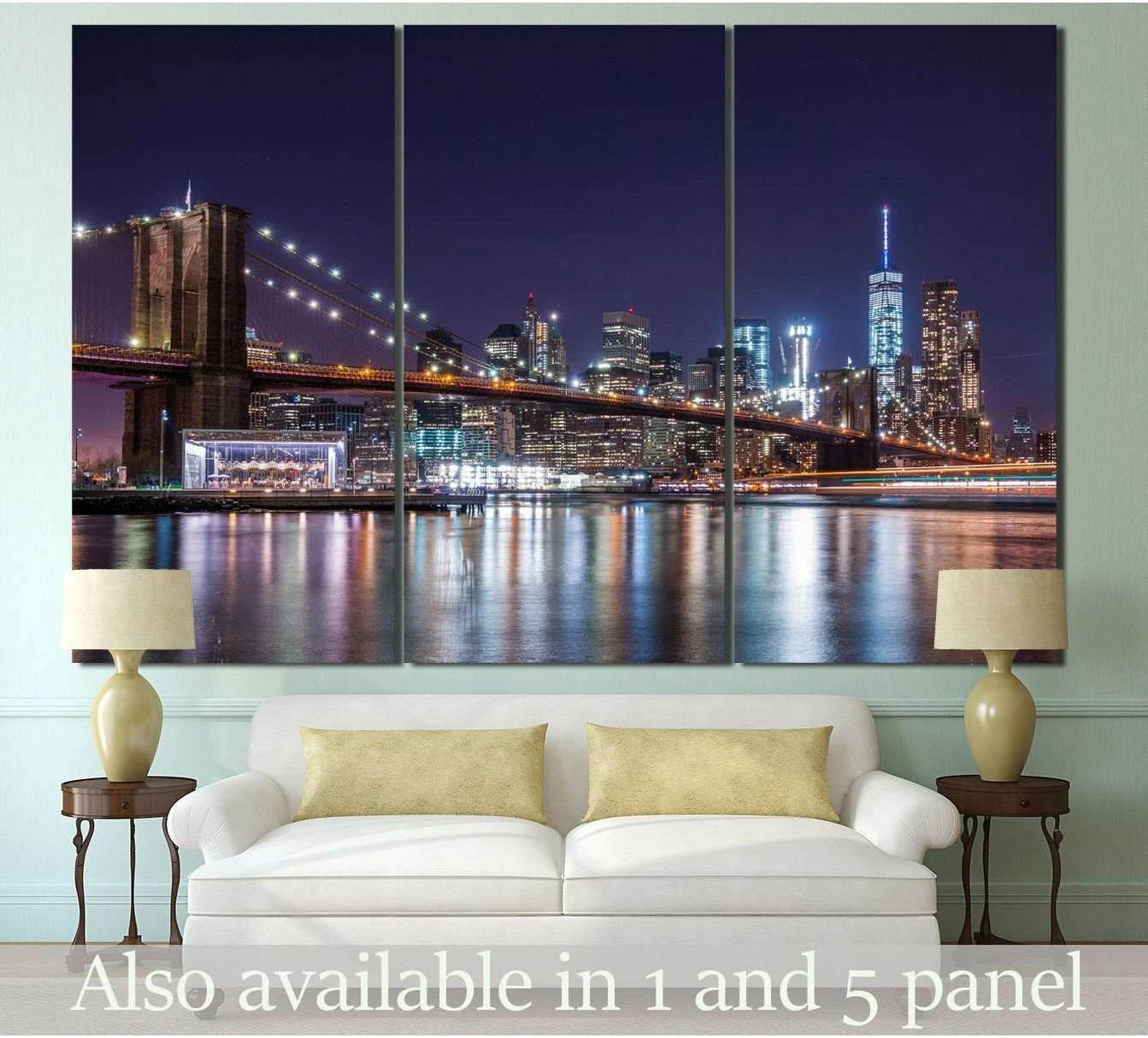 Brooklyn Bridge triptych canvas print with Manhattan skyline at night above a sofa