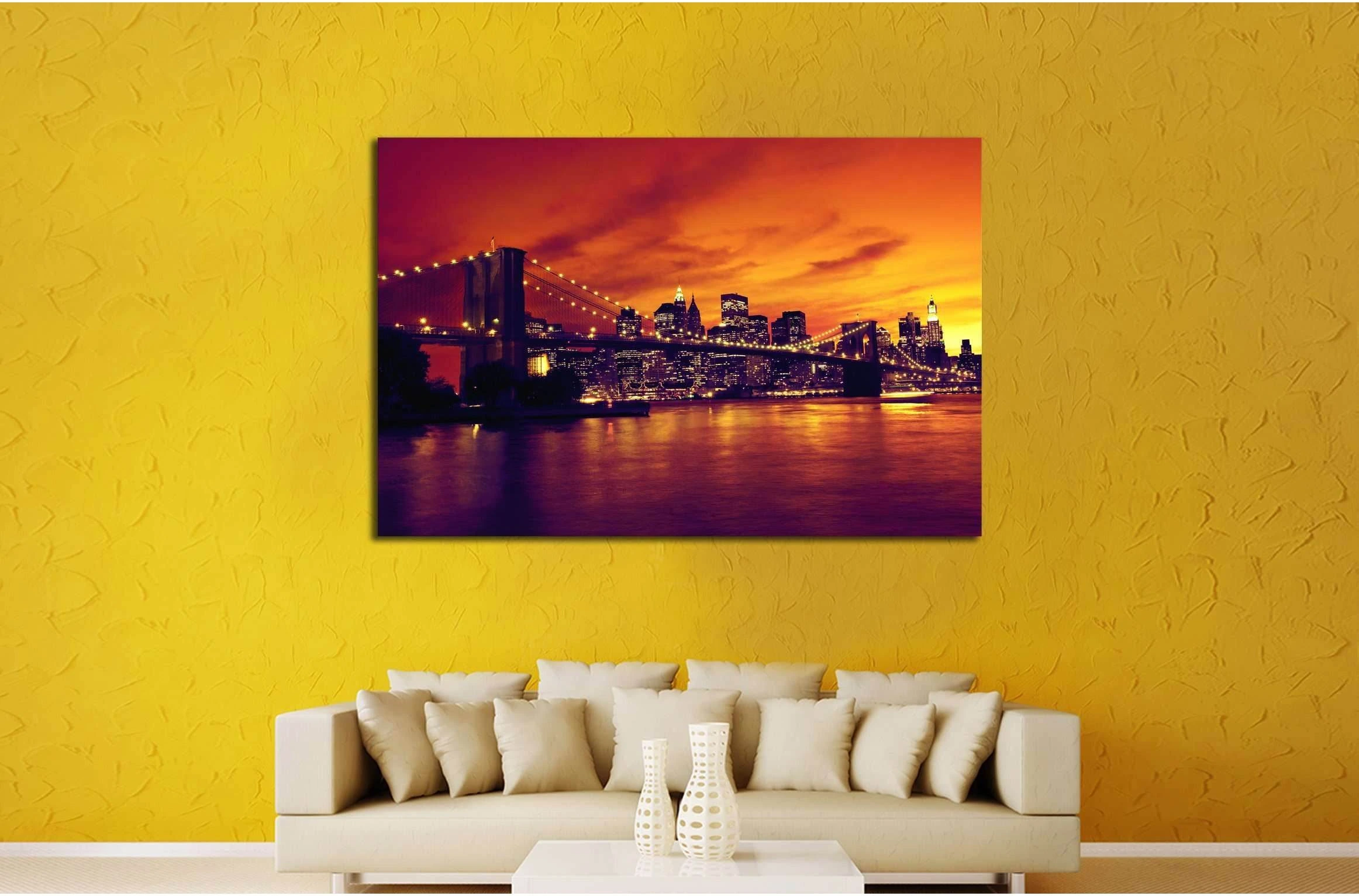 Brooklyn Bridge and Manhattan at sunset, New York, orange tone №2633 Ready to Hang Canvas Print - Zellart Canvas Prints 0_NY_ART, ALL_Products, s-2633
