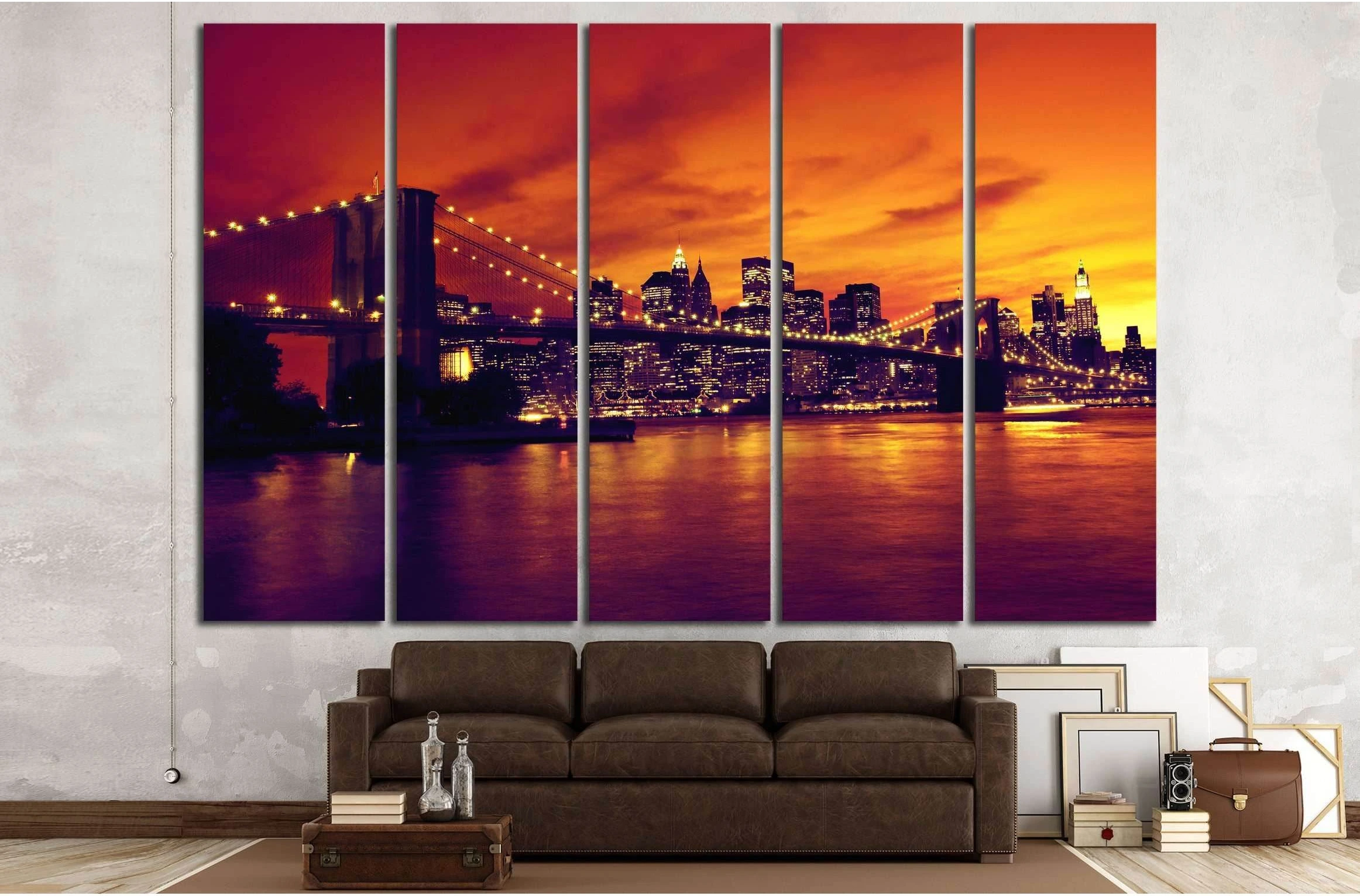 Brooklyn Bridge and Manhattan at sunset, New York, orange tone №2633 Ready to Hang Canvas Print - Zellart Canvas Prints 0_NY_ART, ALL_Products, s-2633