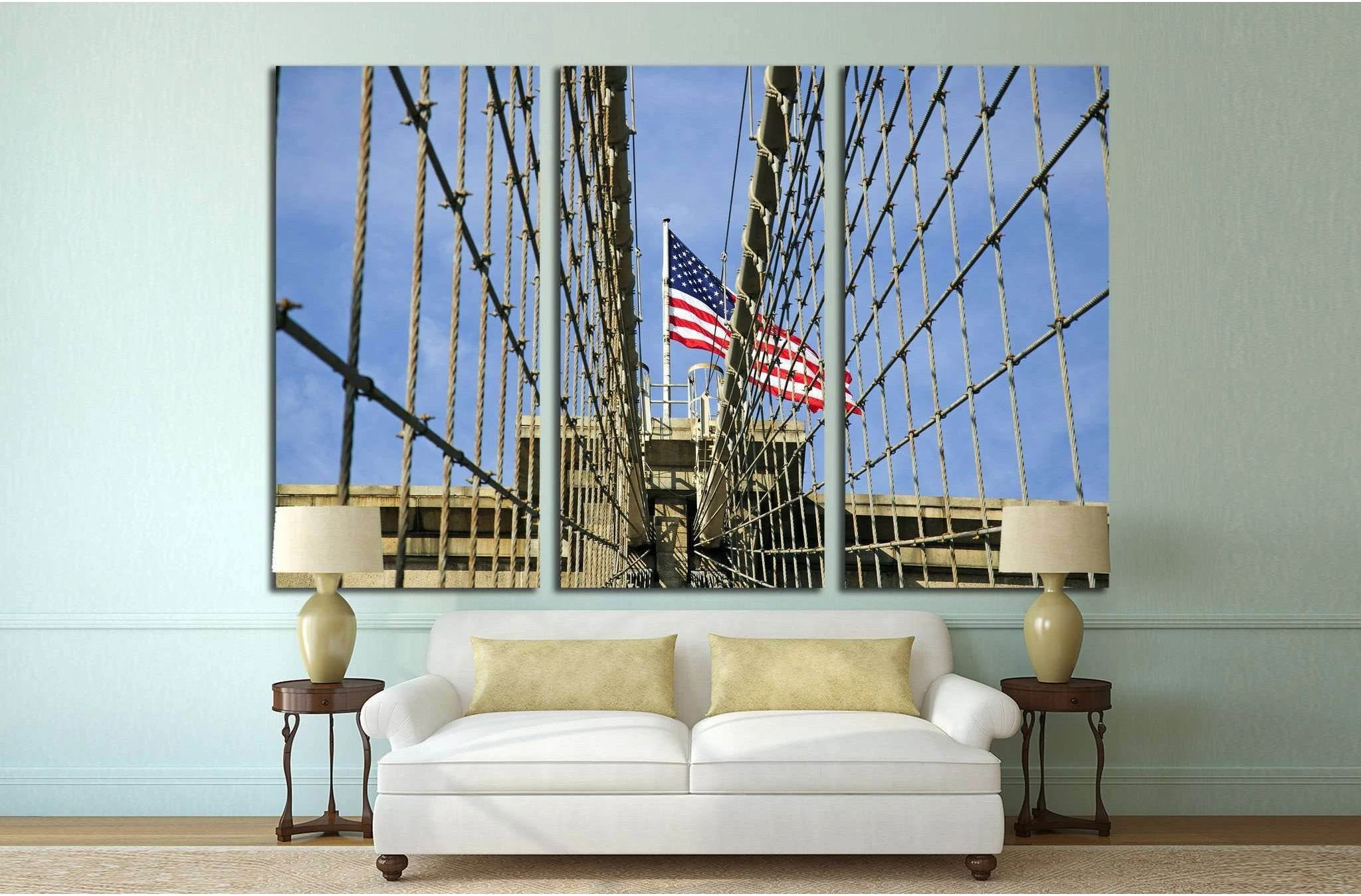 Brooklyn bridge with the american flag №1204 Ready to Hang Canvas Print - Zellart Canvas Prints 0_NY_ART, ALL_Products, s-1204