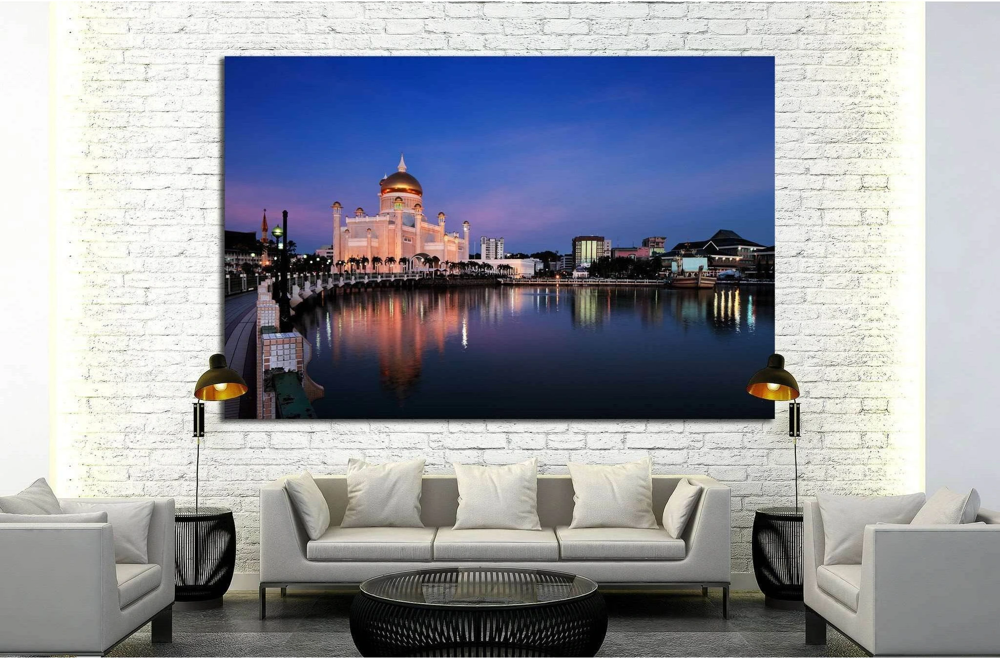 Brunei's capital Bandar Seri Begawan is Sultan Omar Ali Saifuddien Mosque №1749 Ready to Hang Canvas Print - Zellart Canvas Prints ALL_Products, s-1749
