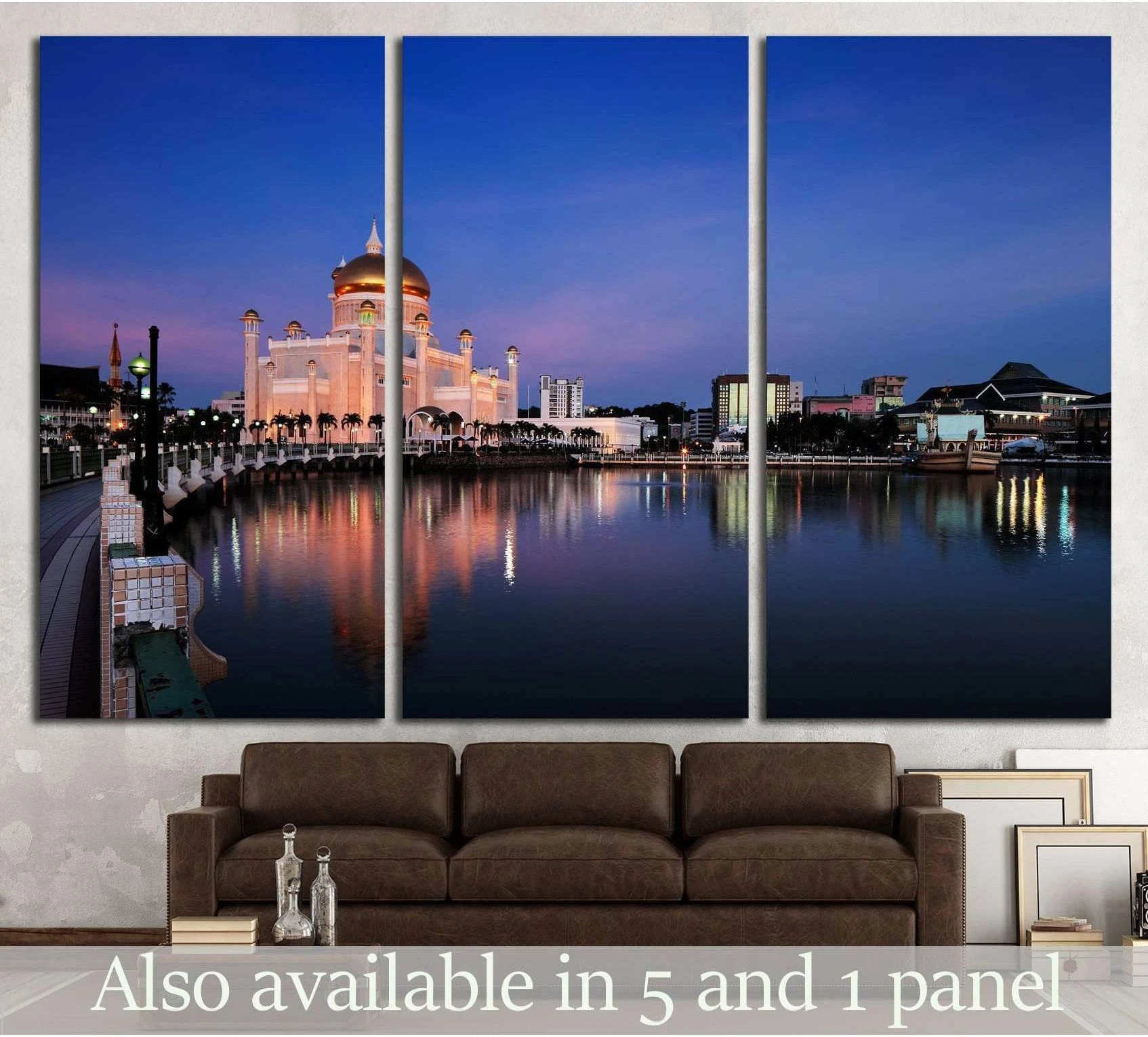 Sultan Omar Ali Mosque triptych canvas print above a sofa with dusk sky and water reflections