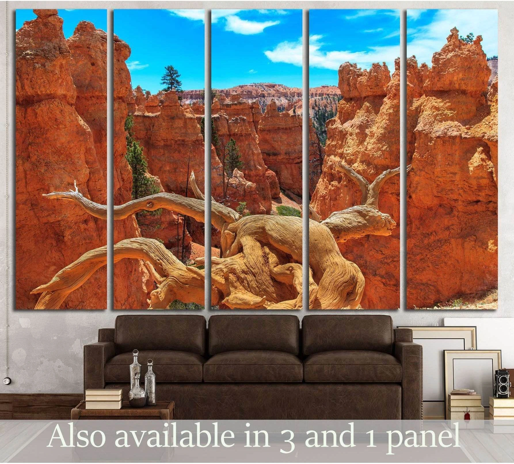 Bryce Canyon hoodoo landscape canvas print with twisted tree above a sofa in a modern living room
