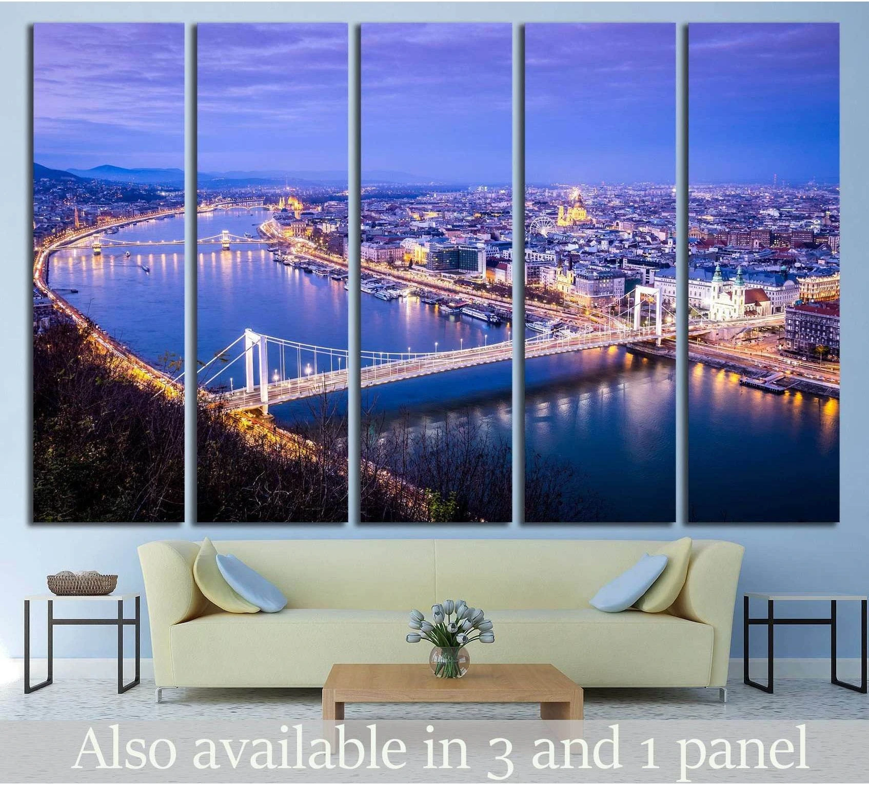 Budapest skyline canvas print above sofa with Danube river and Elizabeth Bridge at dusk