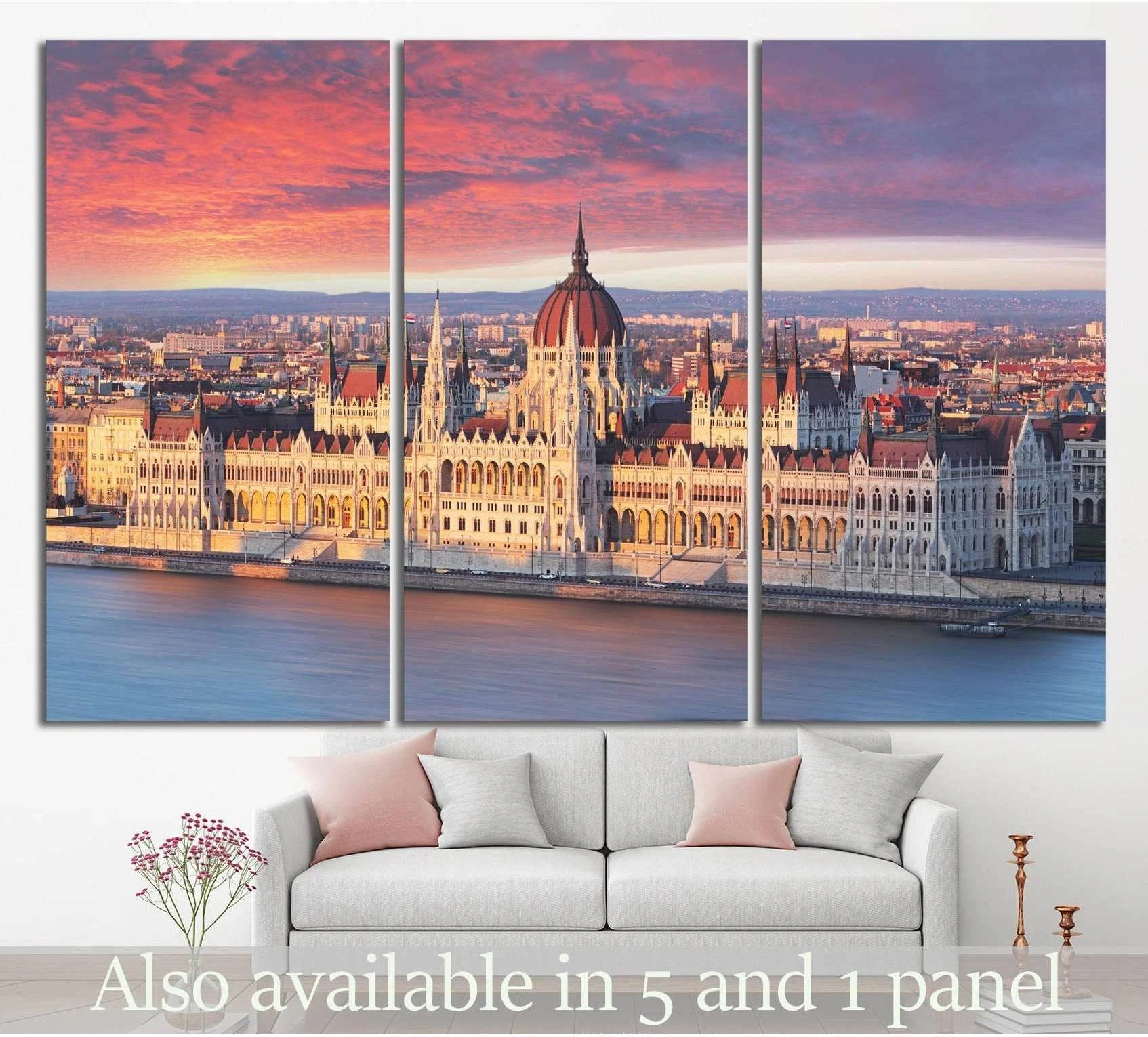 Budapest Parliament sunrise triptych canvas print above sofa in a modern living room