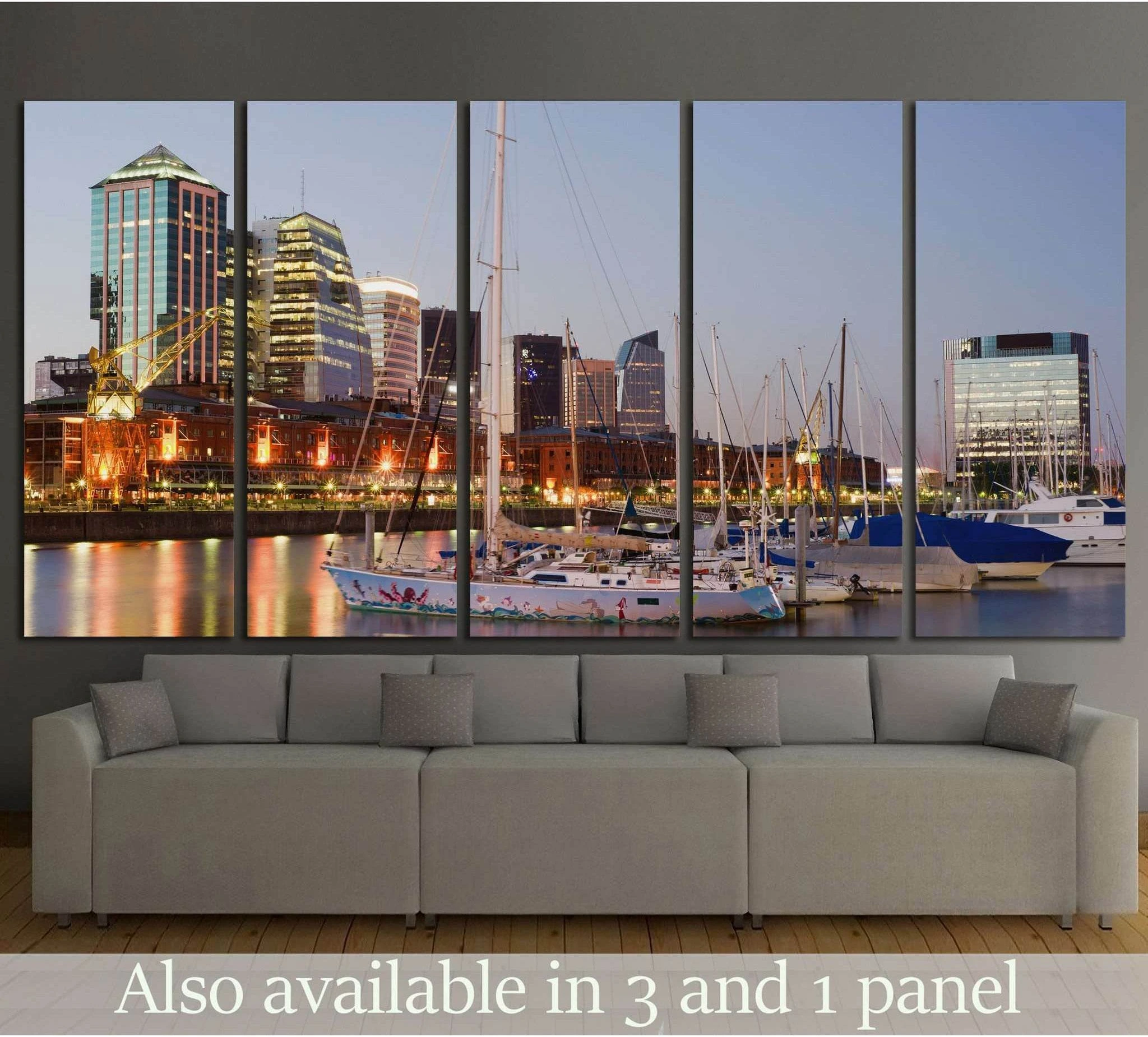 Buenos Aires marina canvas print with Puerto Madero skyline and sailboats at dusk, displayed above a sofa
