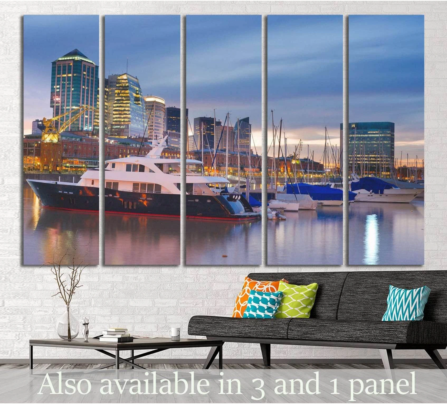 Buenos Aires marina canvas print with yachts and skyline at dusk above sofa in modern living room