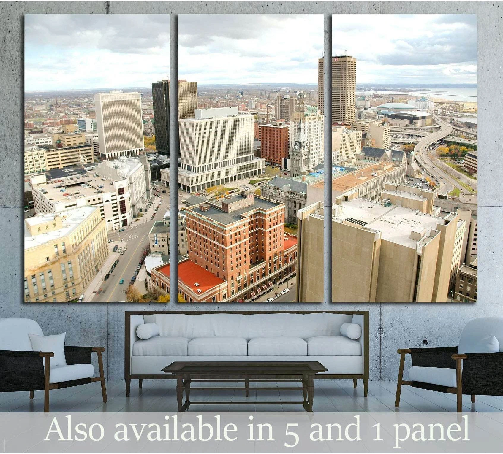 Buffalo skyline canvas print from City Hall observation deck above a sofa in a modern living room