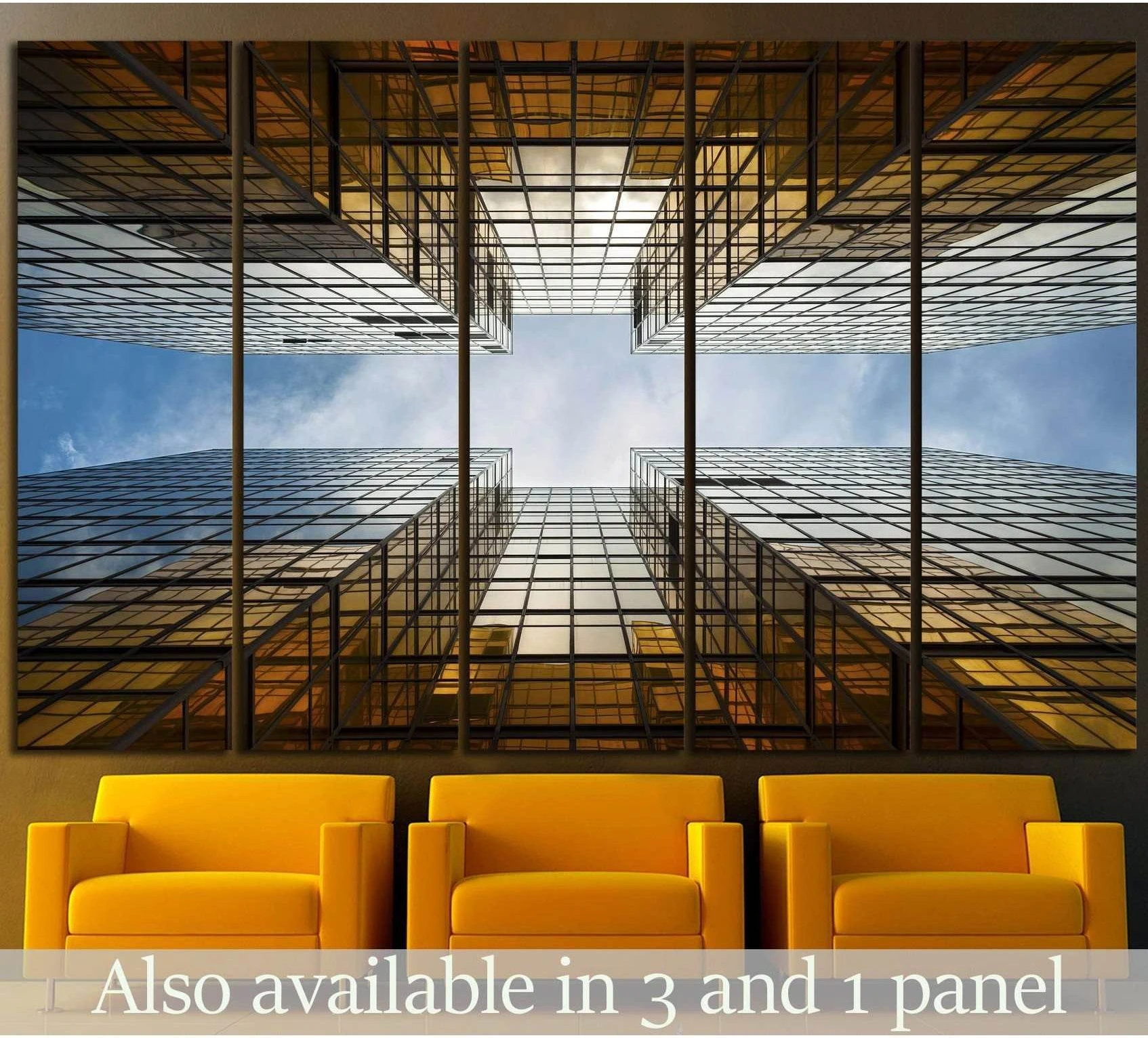 Upward view of gold glass skyscrapers canvas print displayed above chairs in a modern office