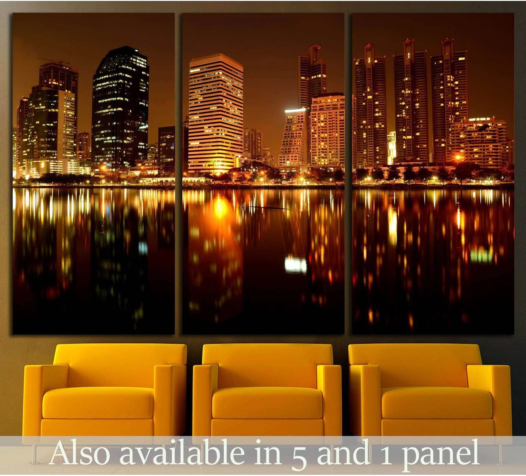 Golden city skyline triptych canvas print with night reflections above mustard chairs
