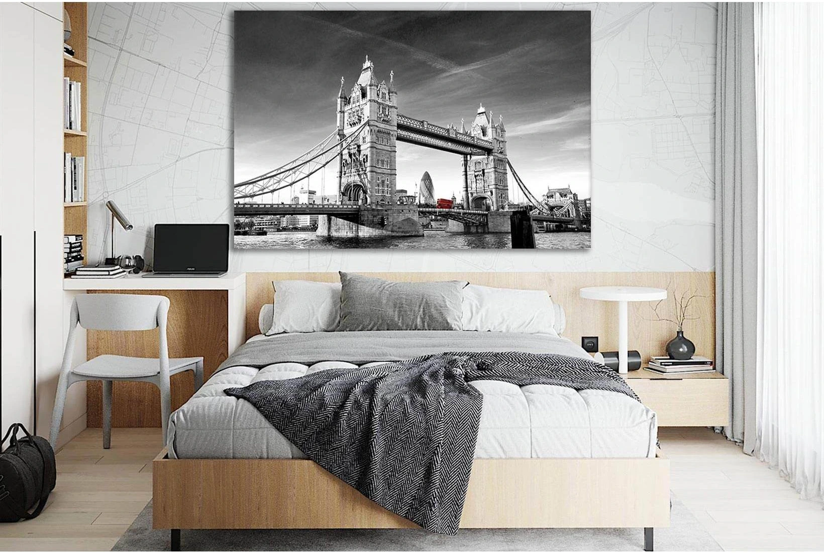 Bus Driving Across Tower Bridge №SL876 Ready to Hang Canvas Print - Zellart Canvas Prints 0new, ALL_Products, Black & White Wall Art