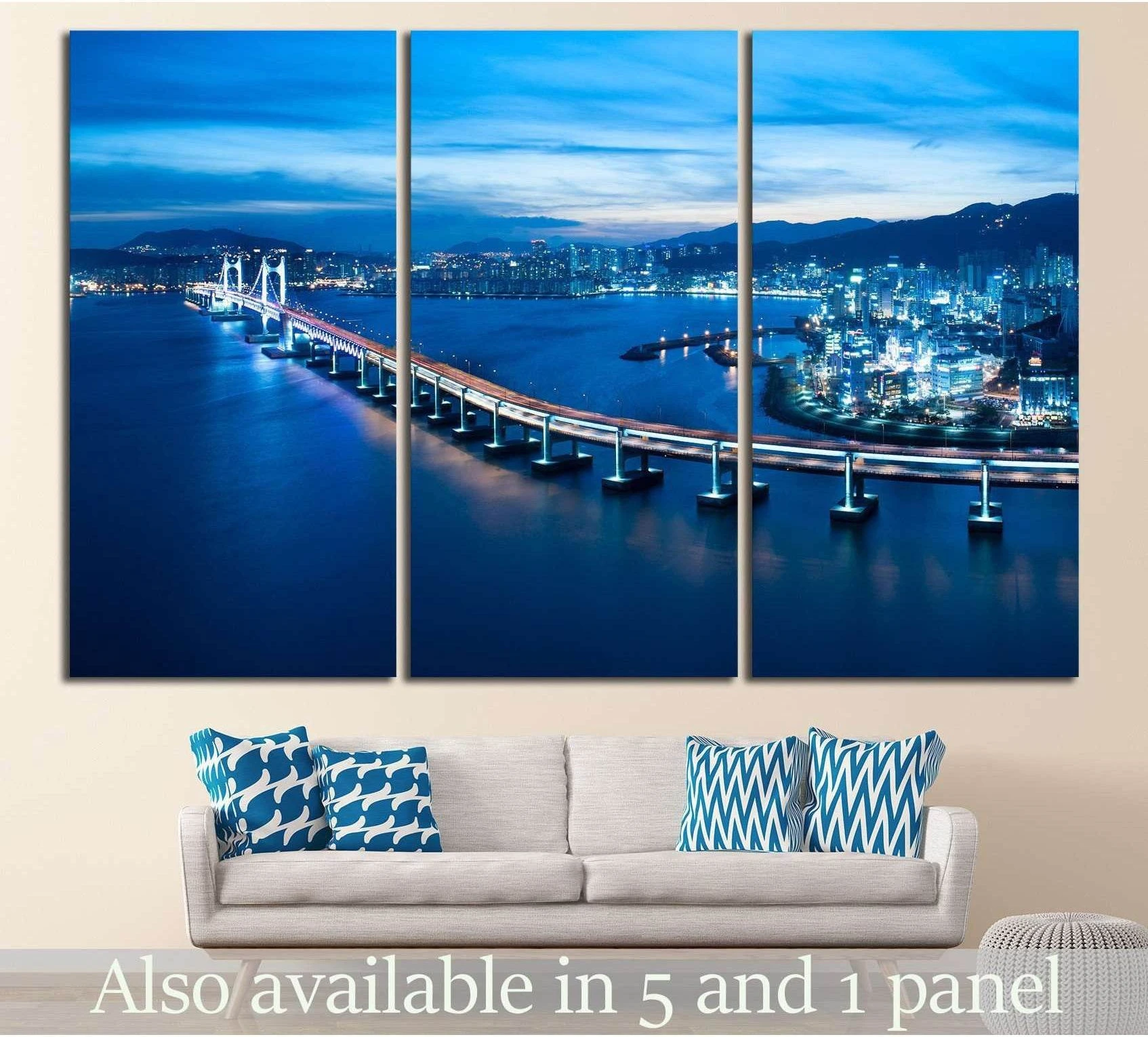 Busan Diamond Bridge triptych canvas print above a sofa in a modern living room