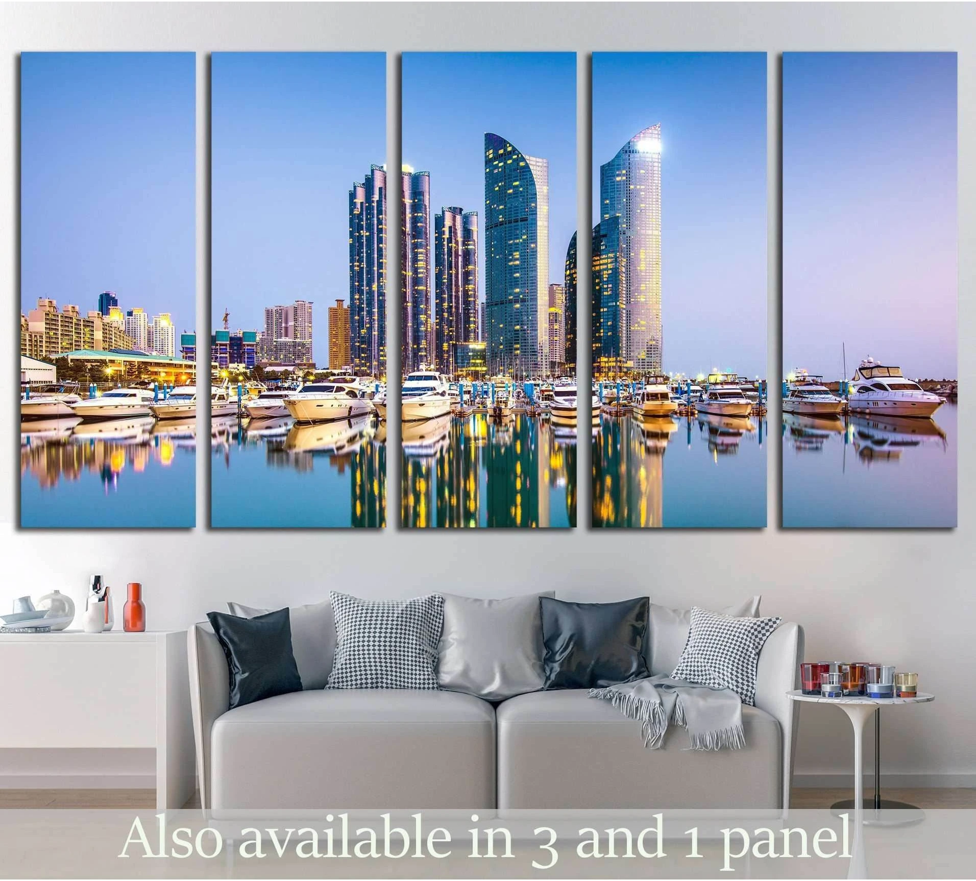 Busan marina skyline canvas print with yachts and glass towers at dusk above a modern sofa