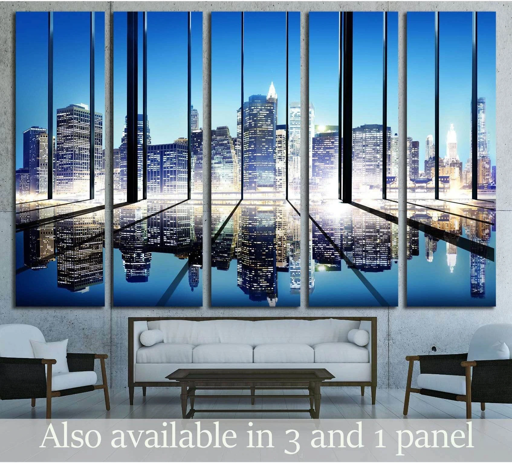 Blue city skyline canvas print with mirrored skyscraper reflections above a sofa in a modern office