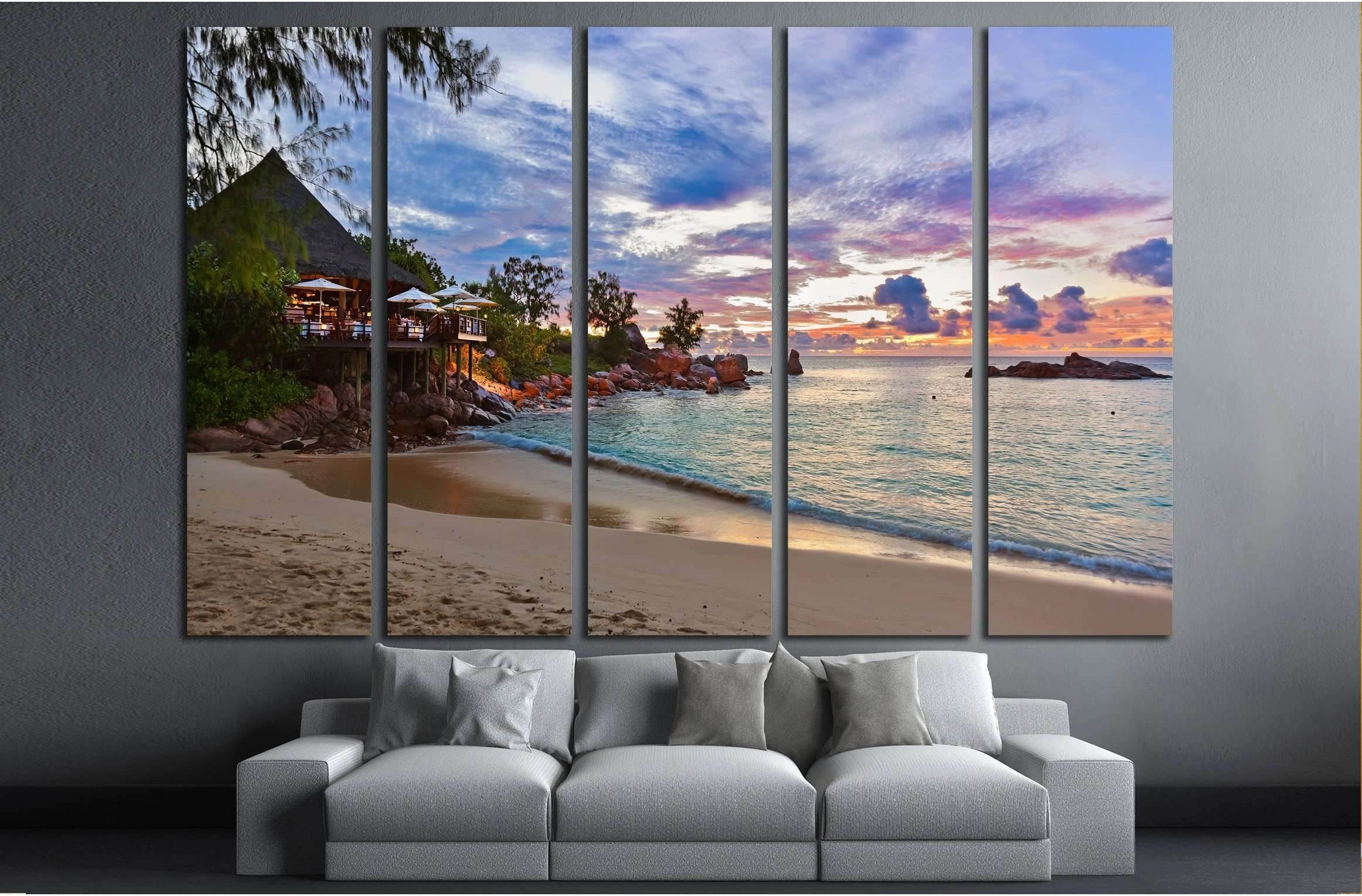 Cafe on Seychelles tropical beach at sunset - nature backgroun №3131 Ready to Hang Canvas Print - Zellart Canvas Prints ALL_Products, s-3131
