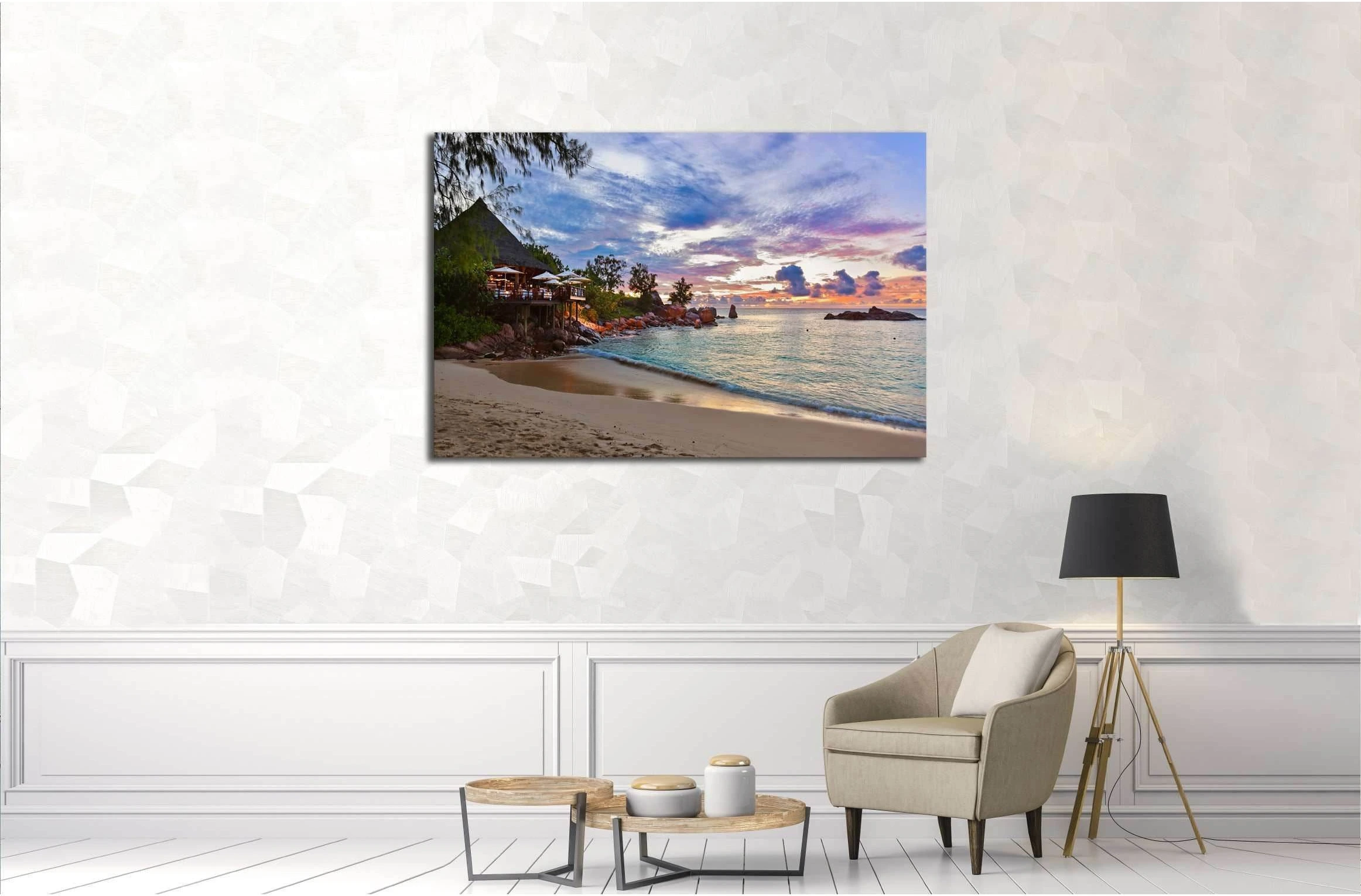 Cafe on Seychelles tropical beach at sunset - nature backgroun №3131 Ready to Hang Canvas Print - Zellart Canvas Prints ALL_Products, s-3131