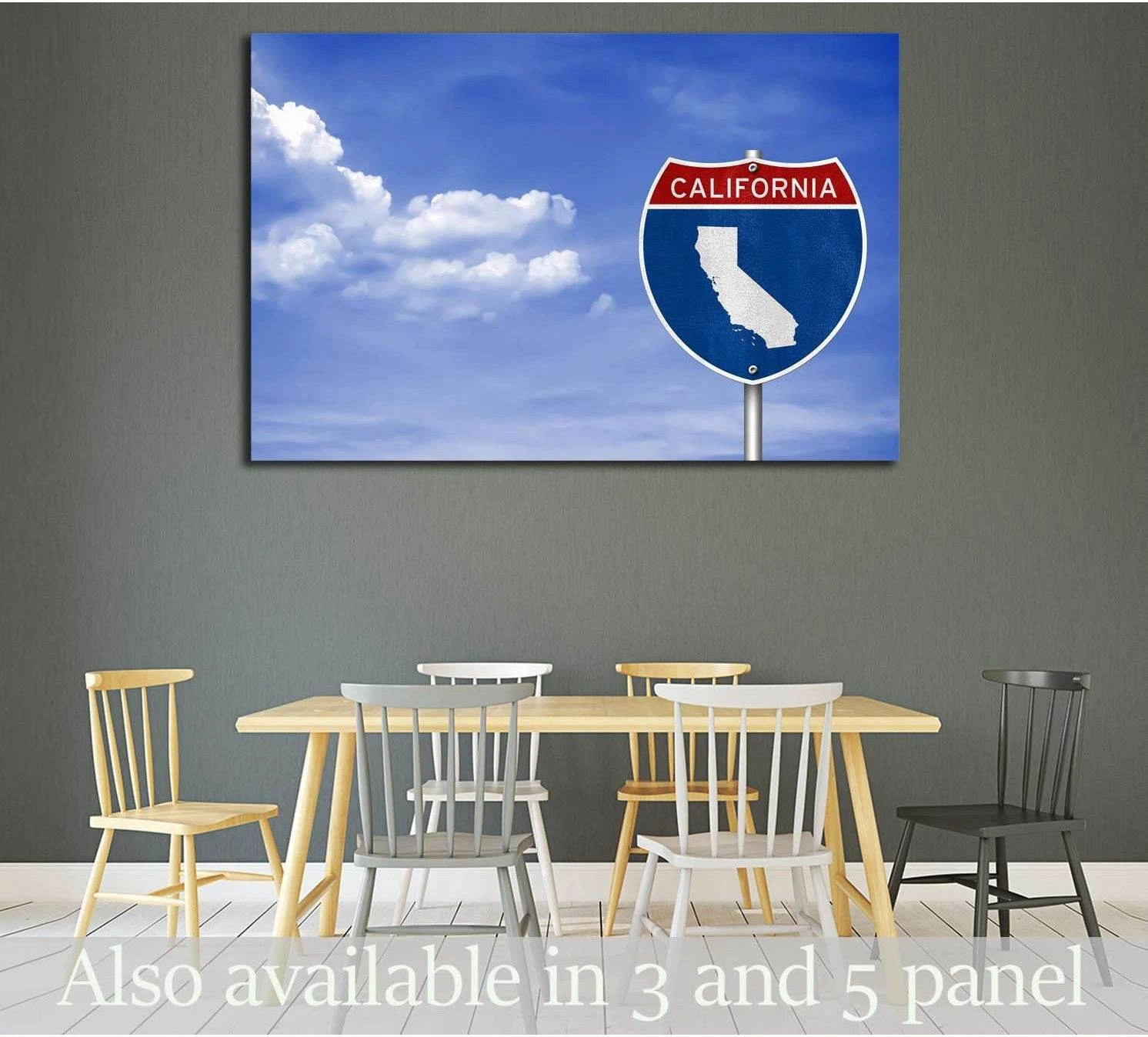 California road sign canvas print against blue sky with clouds above dining room table