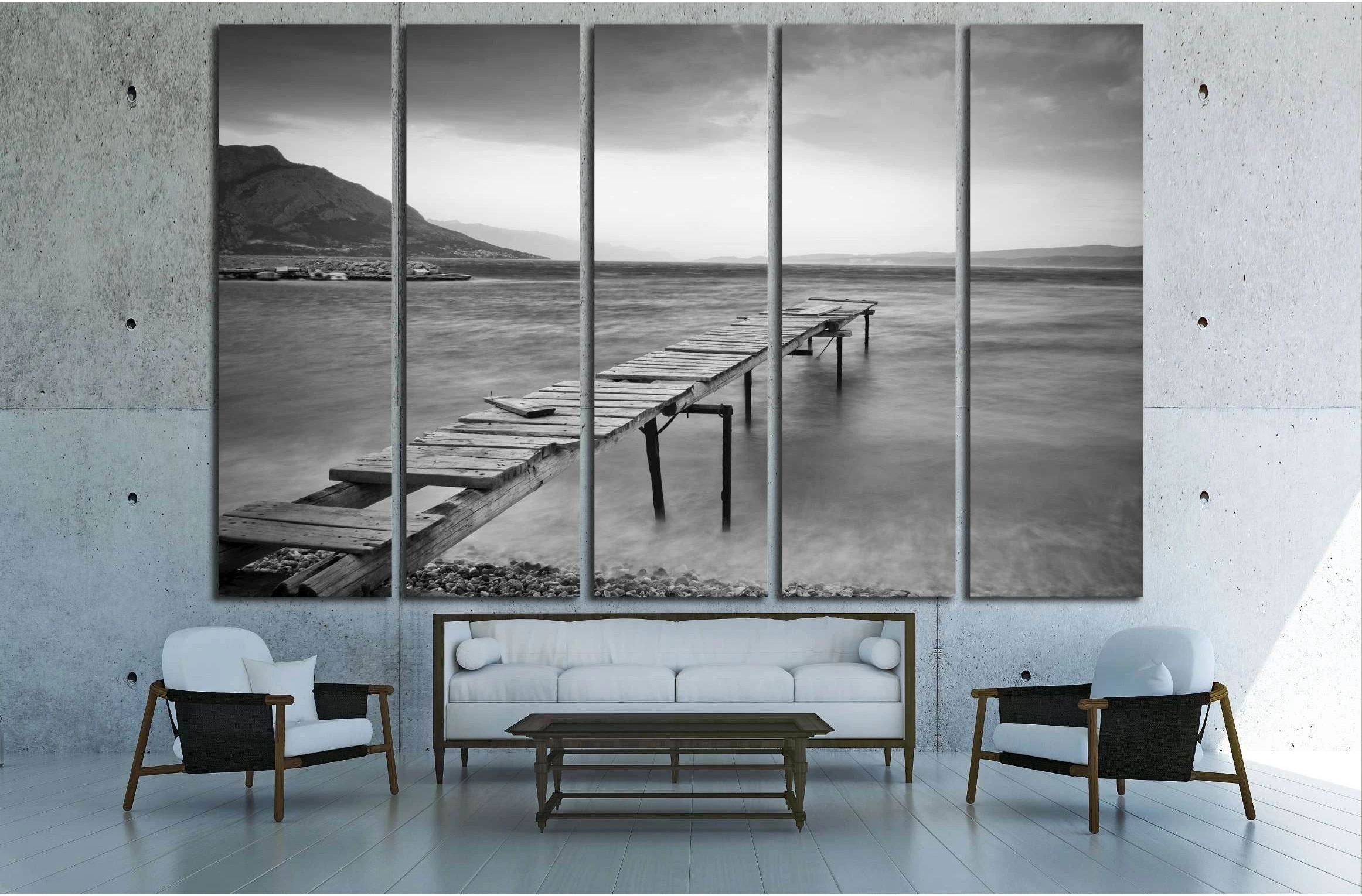 Calm scene in black and white with detail of wooden jetty №2924 Ready to Hang Canvas Print - Zellart Canvas Prints ALL_Products, s-2924