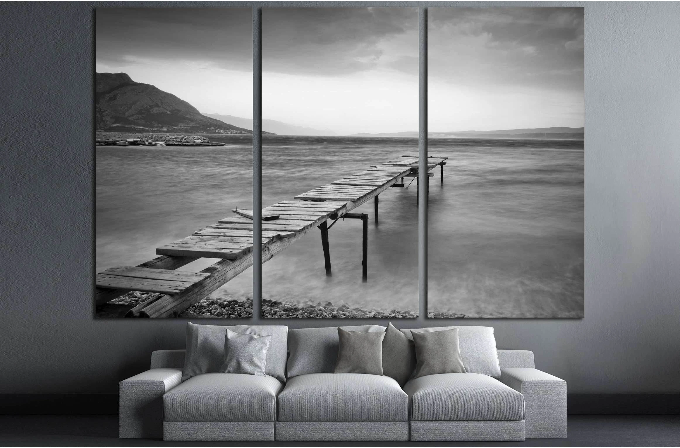 Calm scene in black and white with detail of wooden jetty №2924 Ready to Hang Canvas Print - Zellart Canvas Prints ALL_Products, s-2924