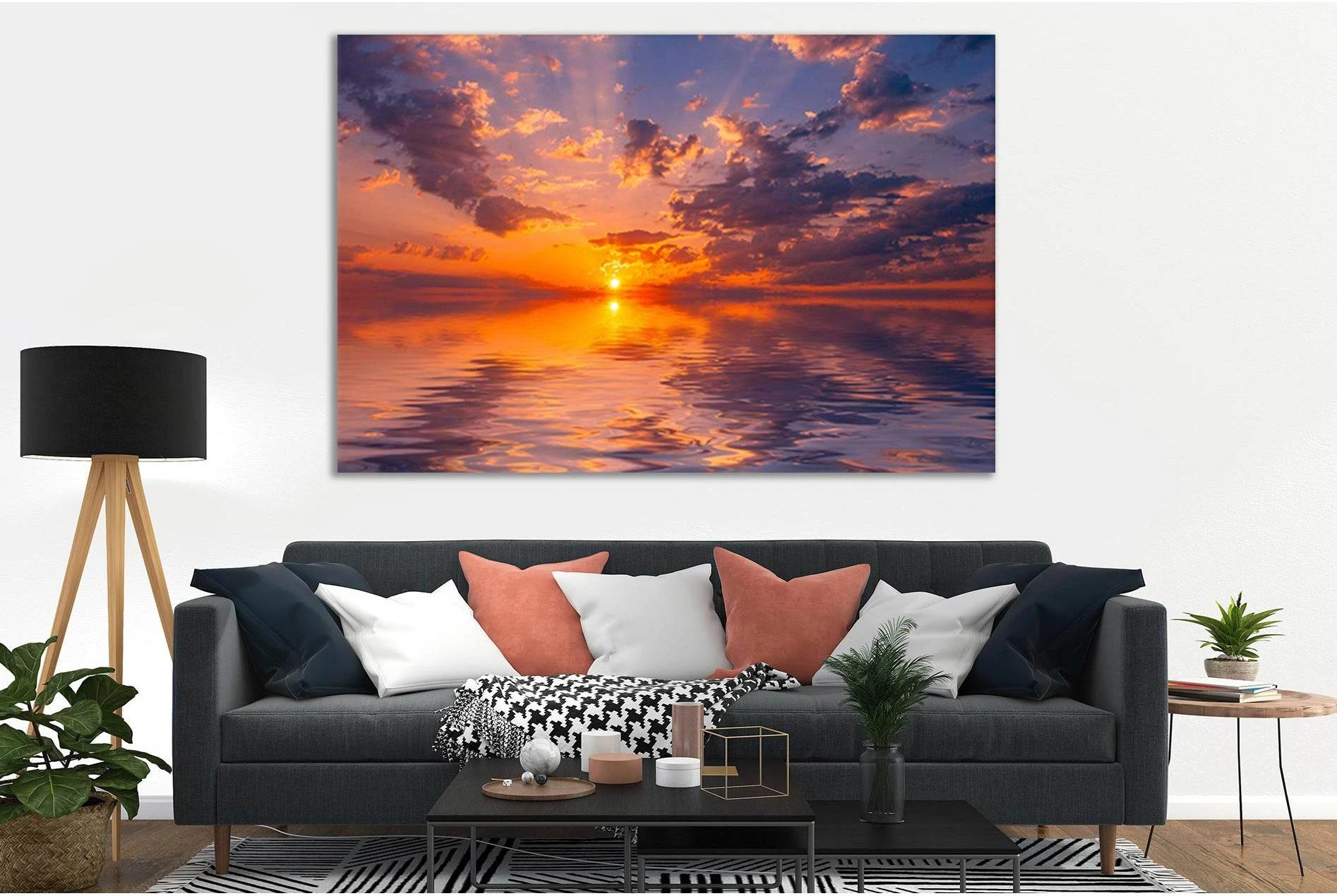 Calm Water Sunset Ocean Canvas Wall Art with Twilight Glow showing blue ocean wall art with water and coastal depth.