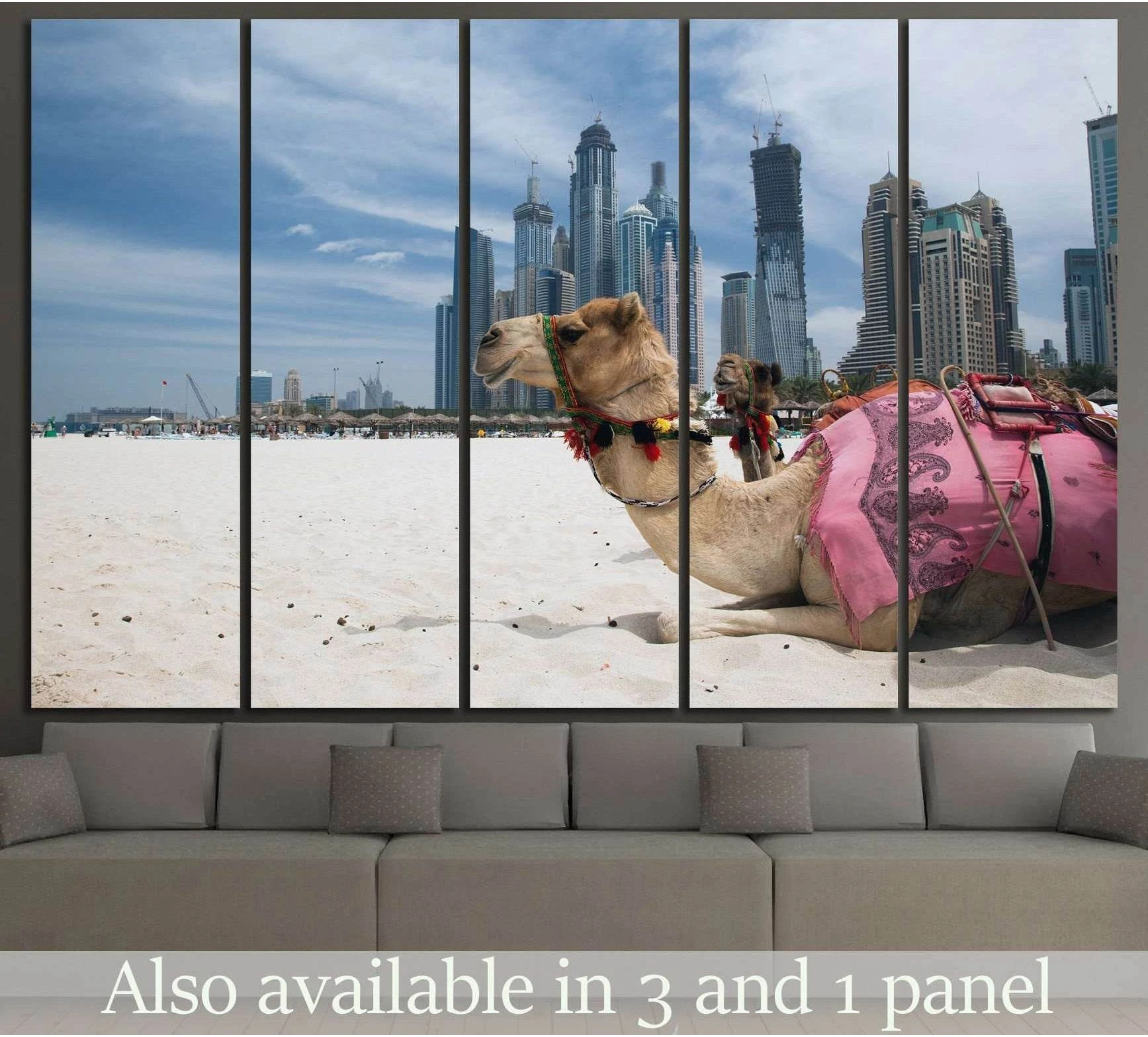 Dubai camel canvas print with skyline backdrop hung above sofa in a modern living room