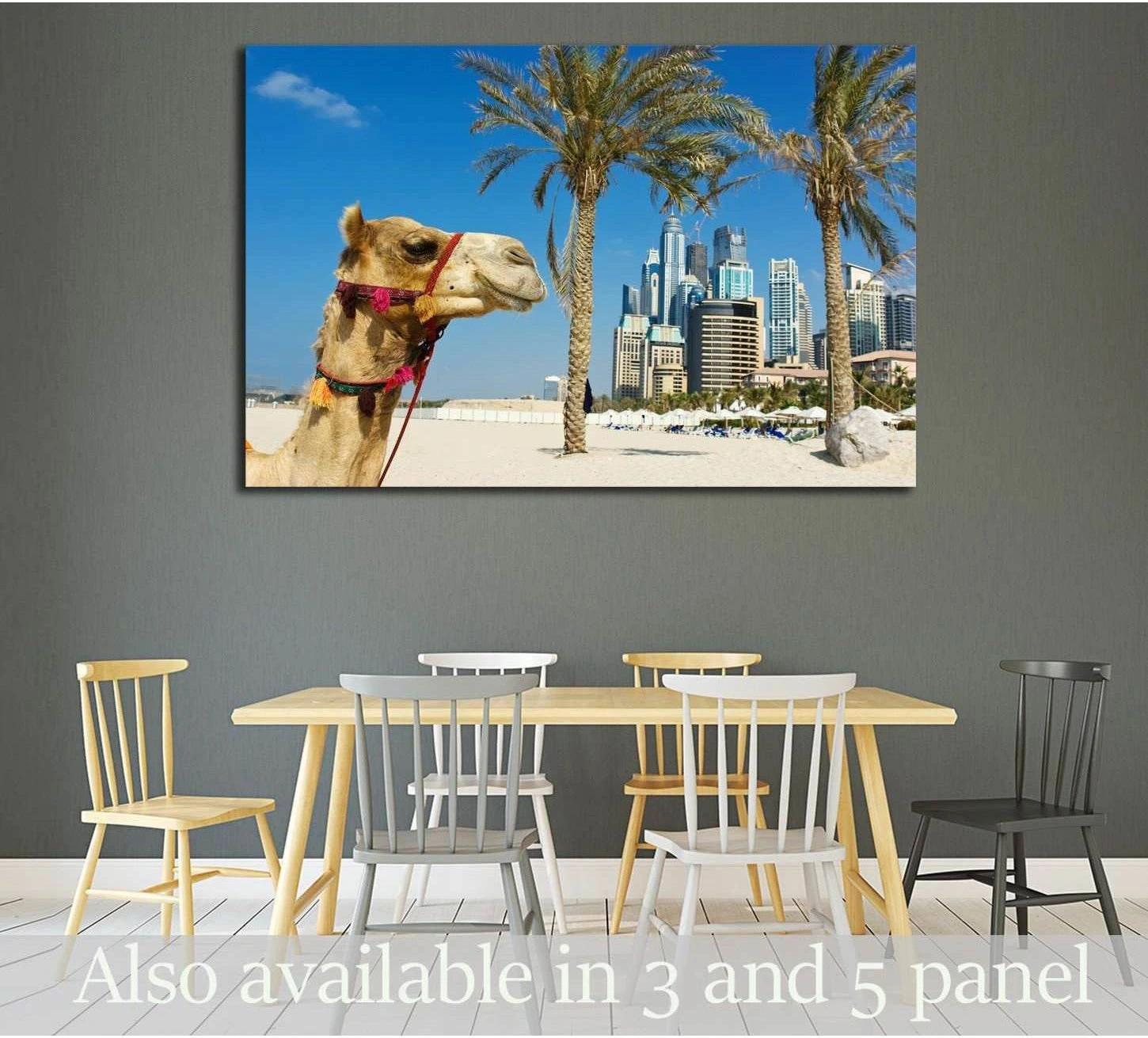 Dubai camel canvas print with palm trees and skyline towers above a dining room table