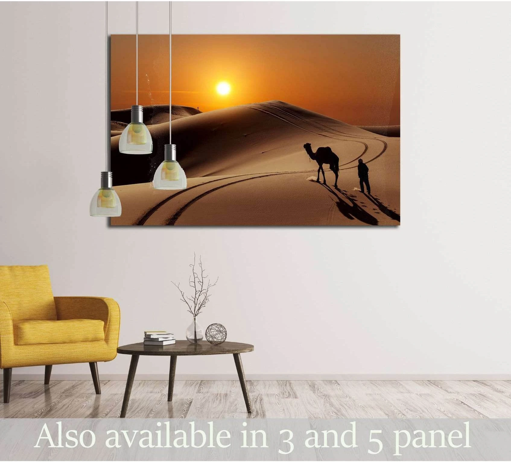 Sahara desert camel and herdsman sunset canvas print displayed in a modern living room