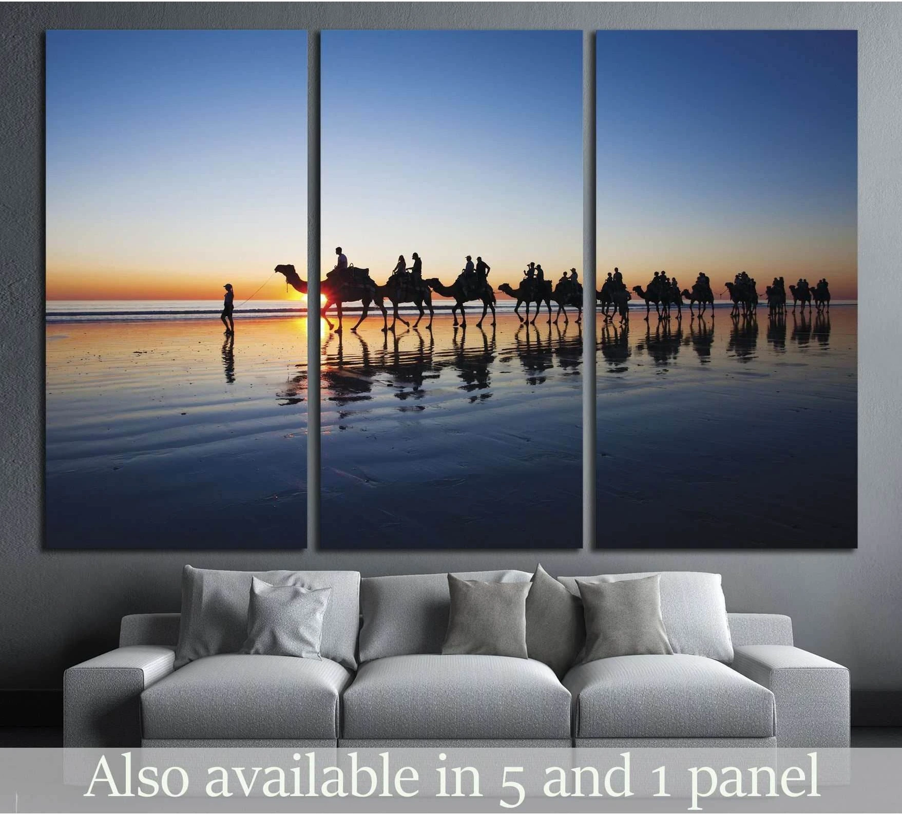 Cable Beach camels sunset canvas print above sofa in a modern living room triptych mockup
