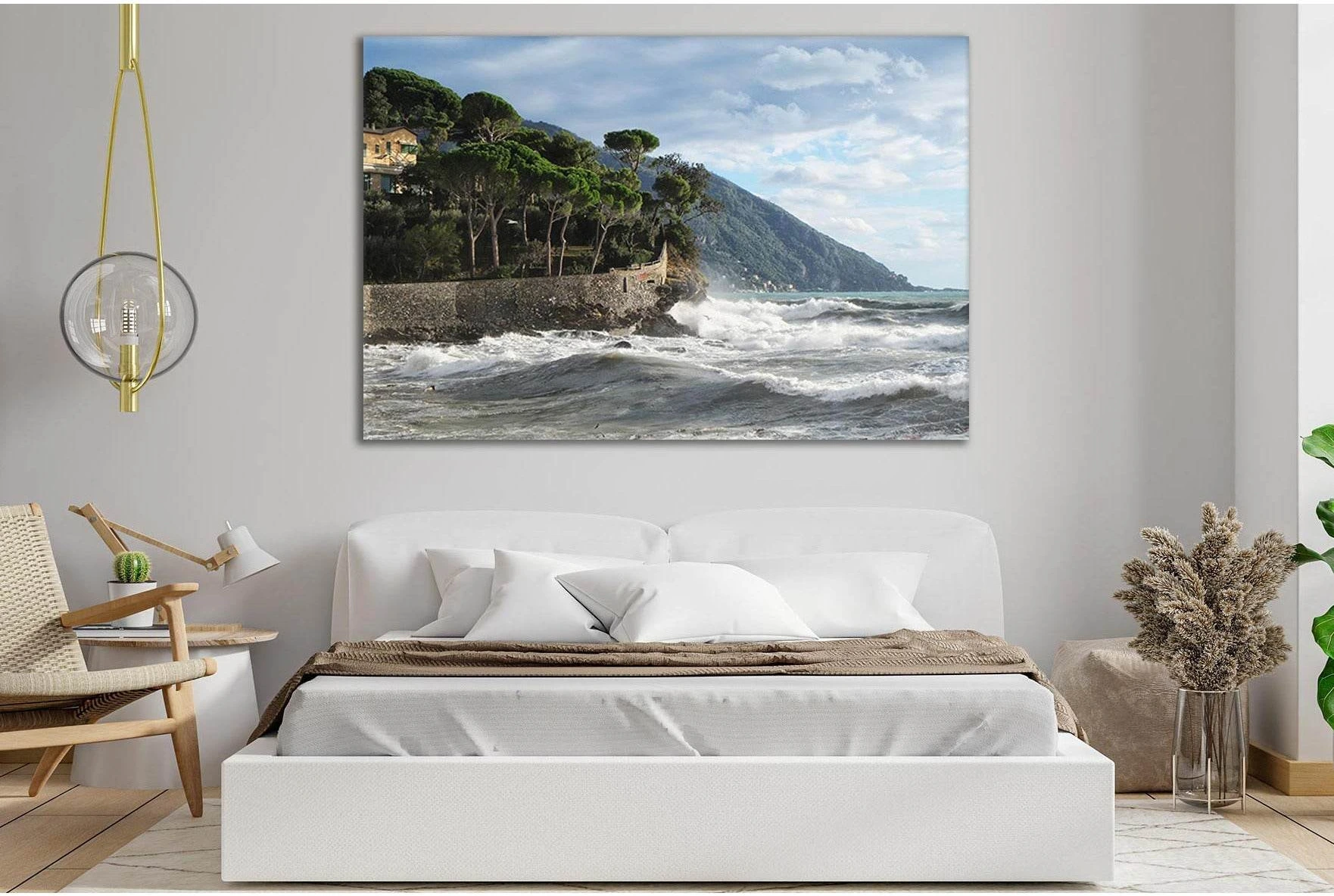 Coastal Seascape Canvas Print with Grey Waves & Green Headland showing ocean water, wave movement and surf.