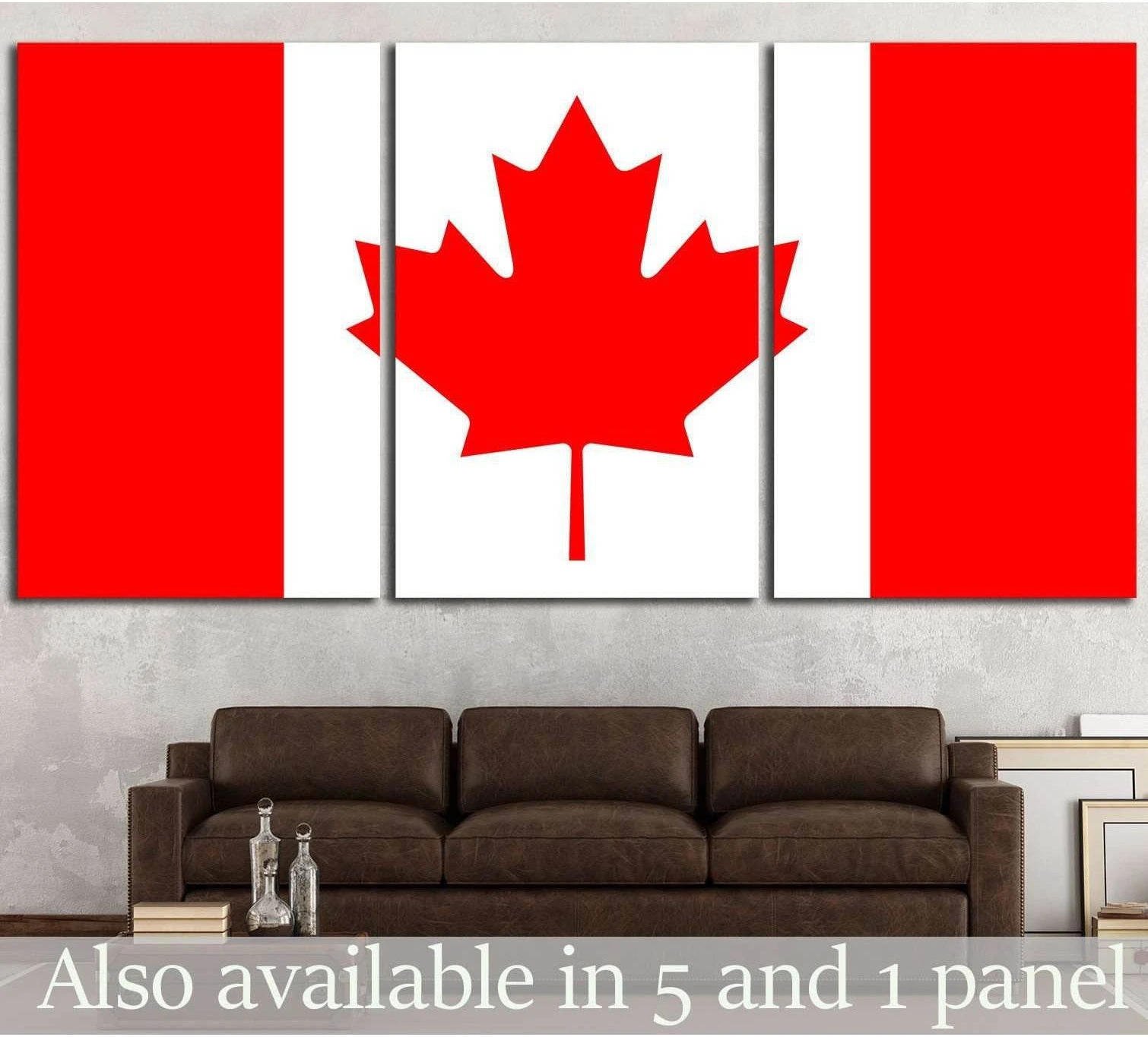 Canada flag triptych canvas print with red maple leaf, displayed above a sofa in a modern living room