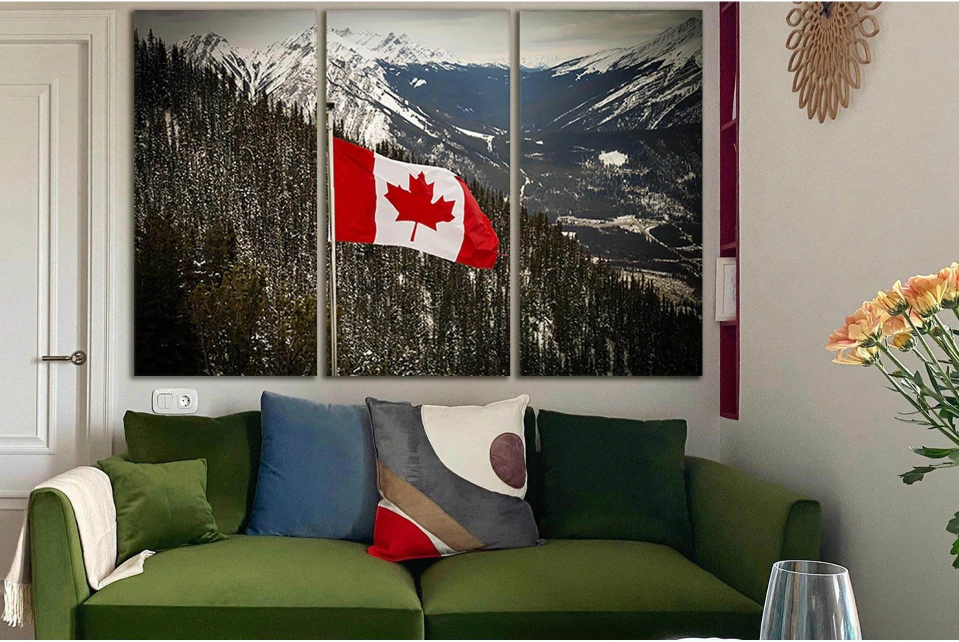 Canadian Flag Blowing The Rocky Mountains №SL1179 Ready to Hang Canvas Print - Zellart Canvas Prints 0new, ALL_Products, Flags