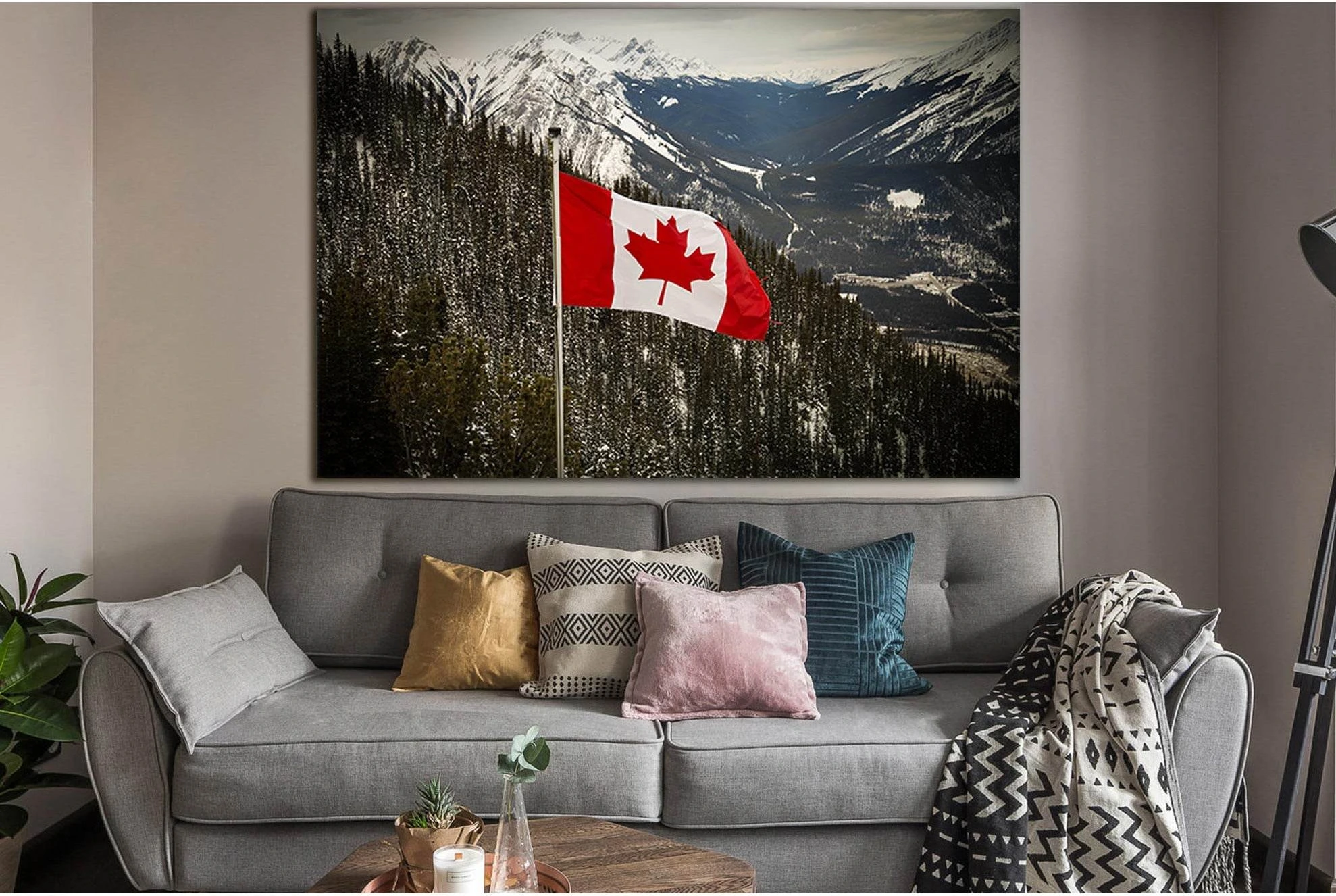 Canadian Flag Blowing The Rocky Mountains №SL1179 Ready to Hang Canvas Print - Zellart Canvas Prints 0new, ALL_Products, Flags