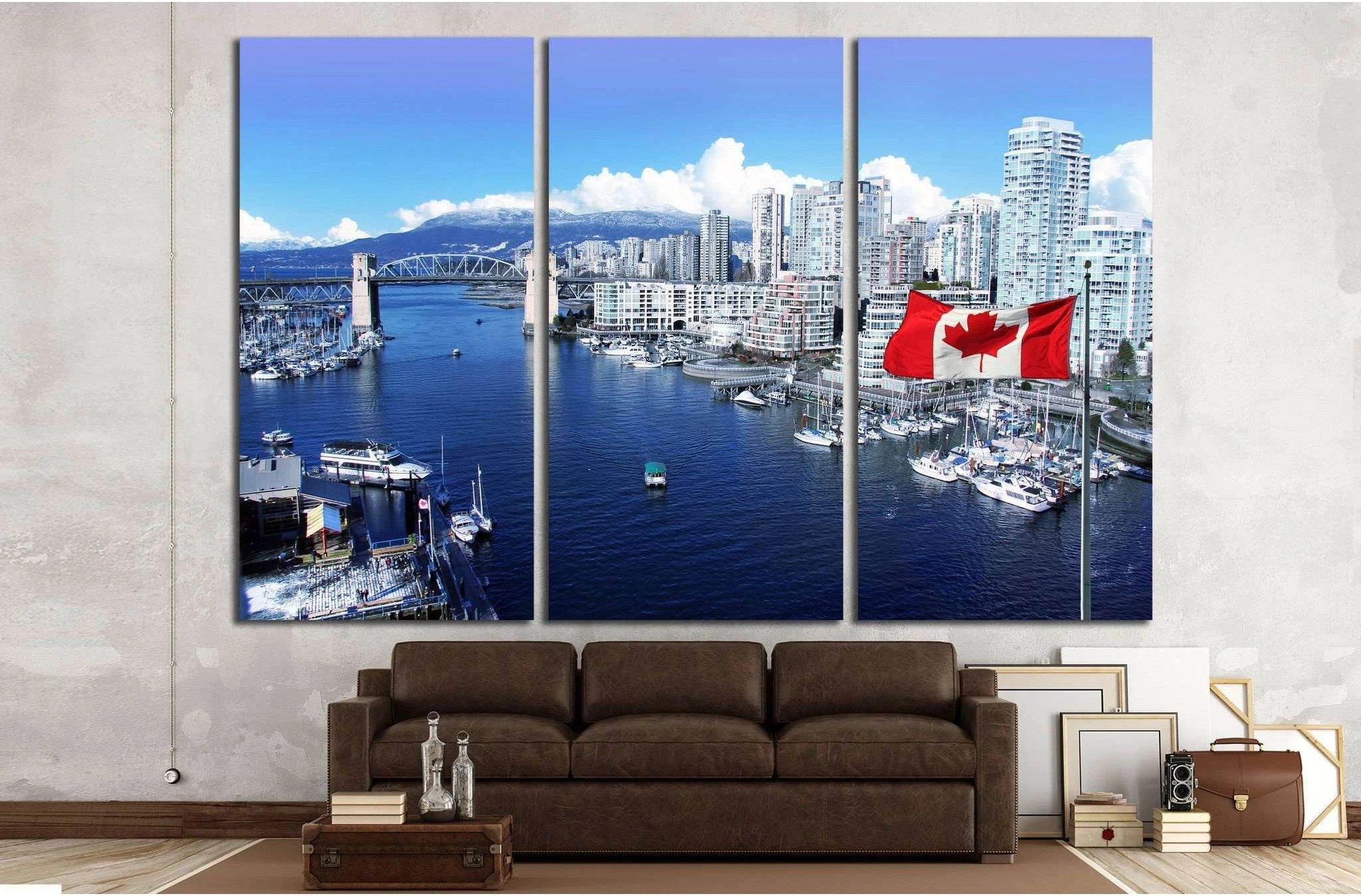 Canadian flag, False Creek, Burrard street bridge, Vancouver, Canada №1269 Ready to Hang Canvas Print - Zellart Canvas Prints ALL_Products, s-1269