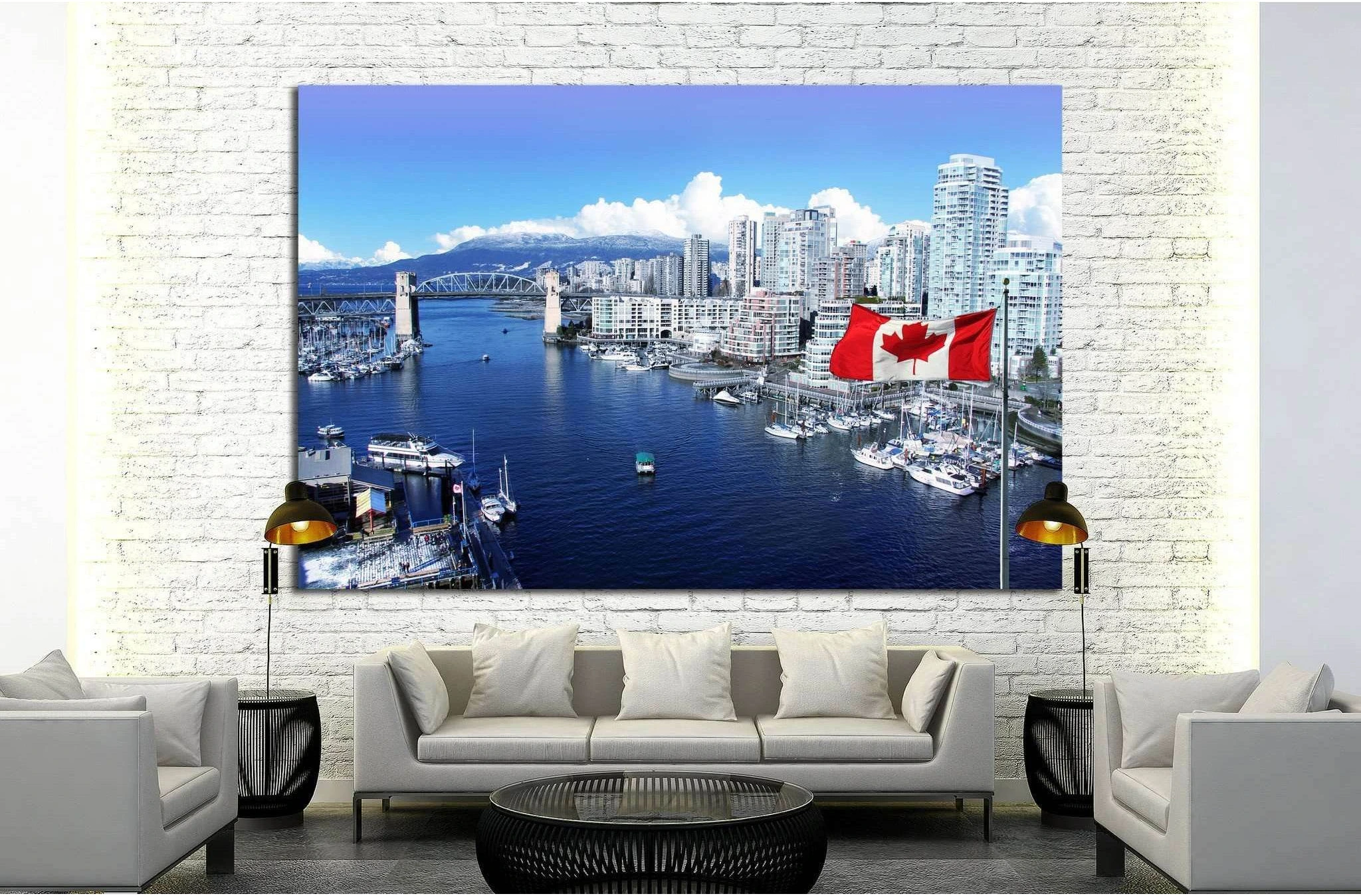 Canadian flag, False Creek, Burrard street bridge, Vancouver, Canada №1269 Ready to Hang Canvas Print - Zellart Canvas Prints ALL_Products, s-1269