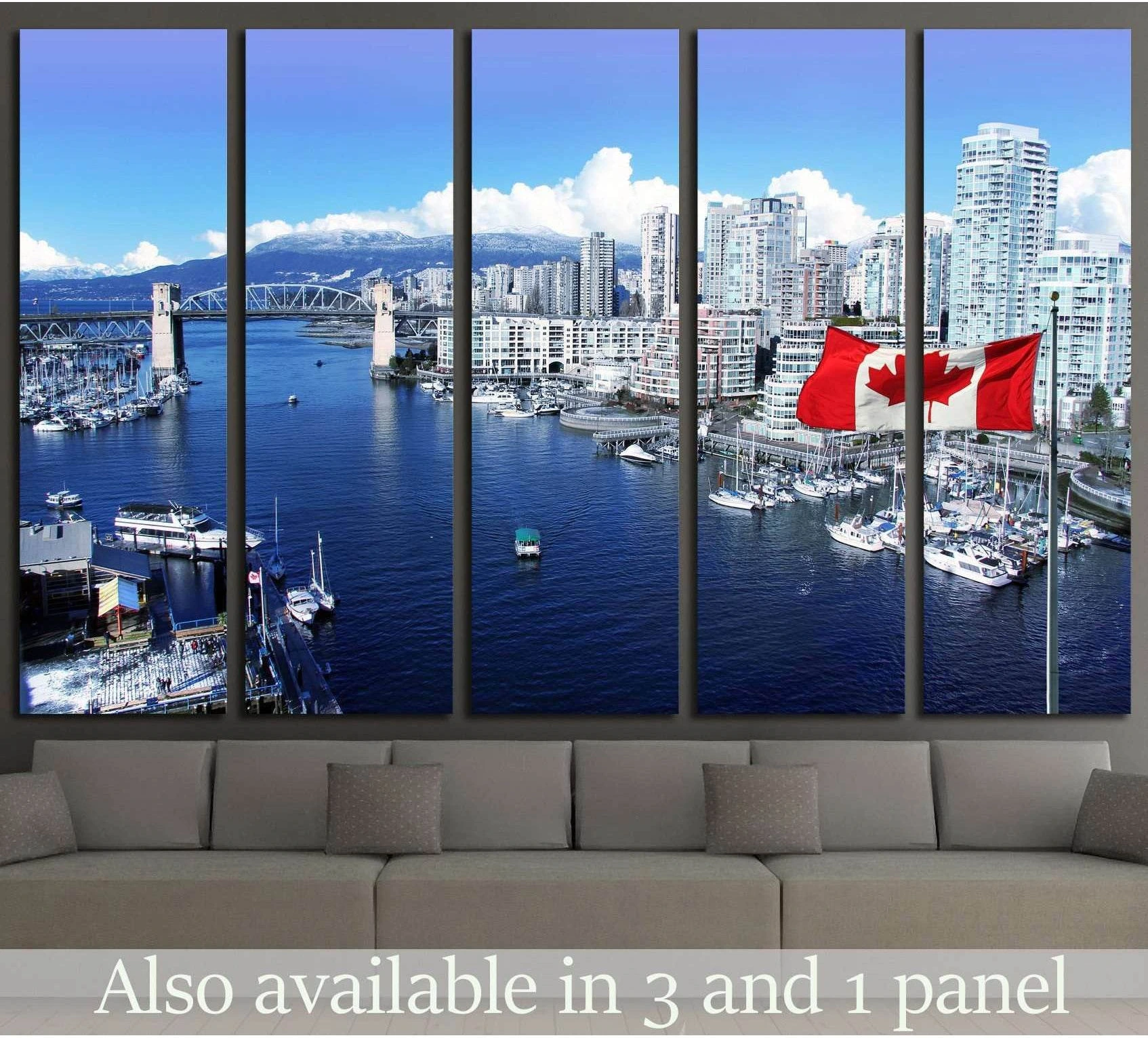Vancouver False Creek canvas print with Burrard Bridge, skyline, marina, and Canadian flag