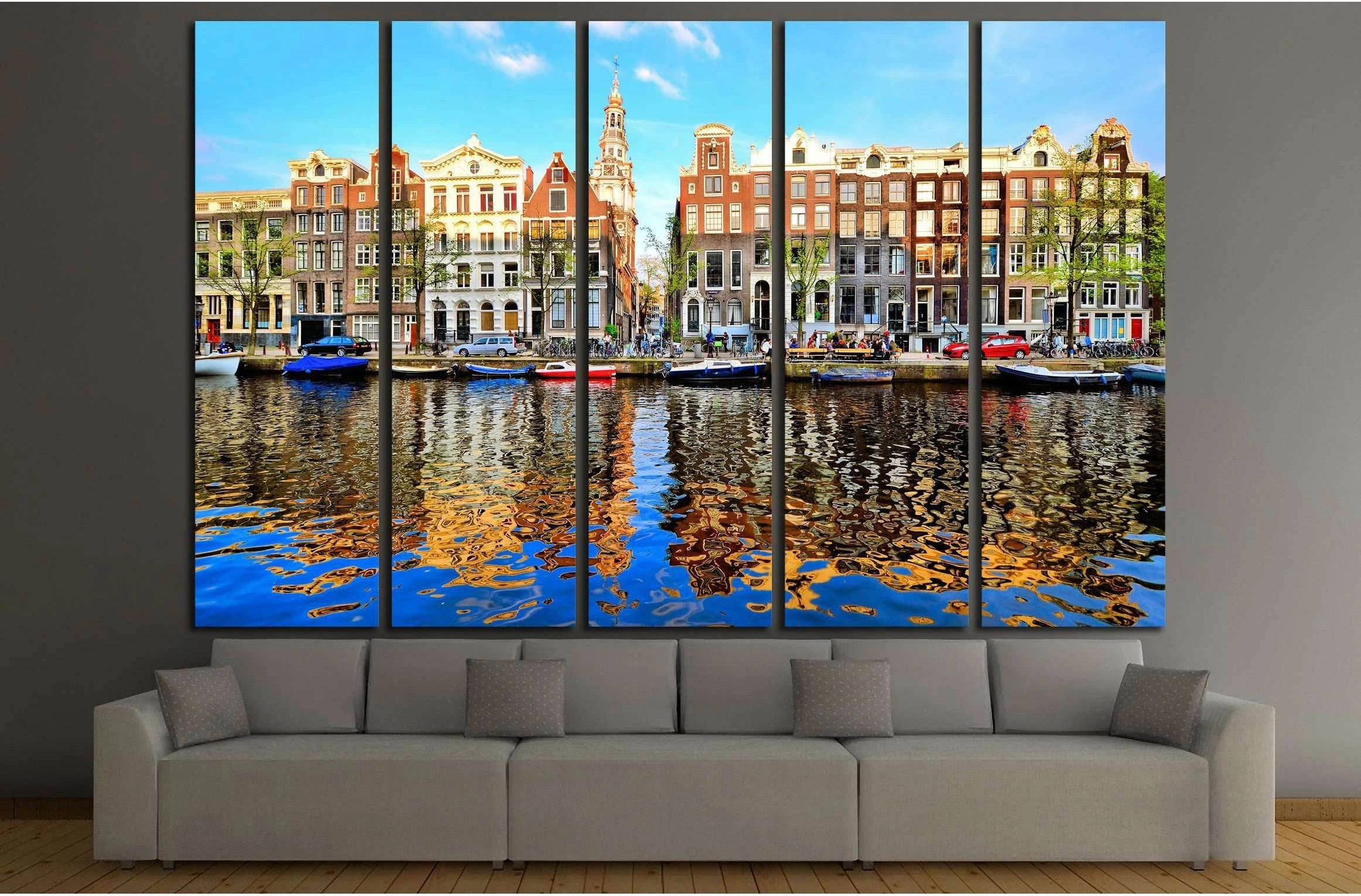 Canal houses of Amsterdam at dusk with vibrant reflections, Netherlands №2167 Ready to Hang Canvas Print - Zellart Canvas Prints ALL_Products, s-2167