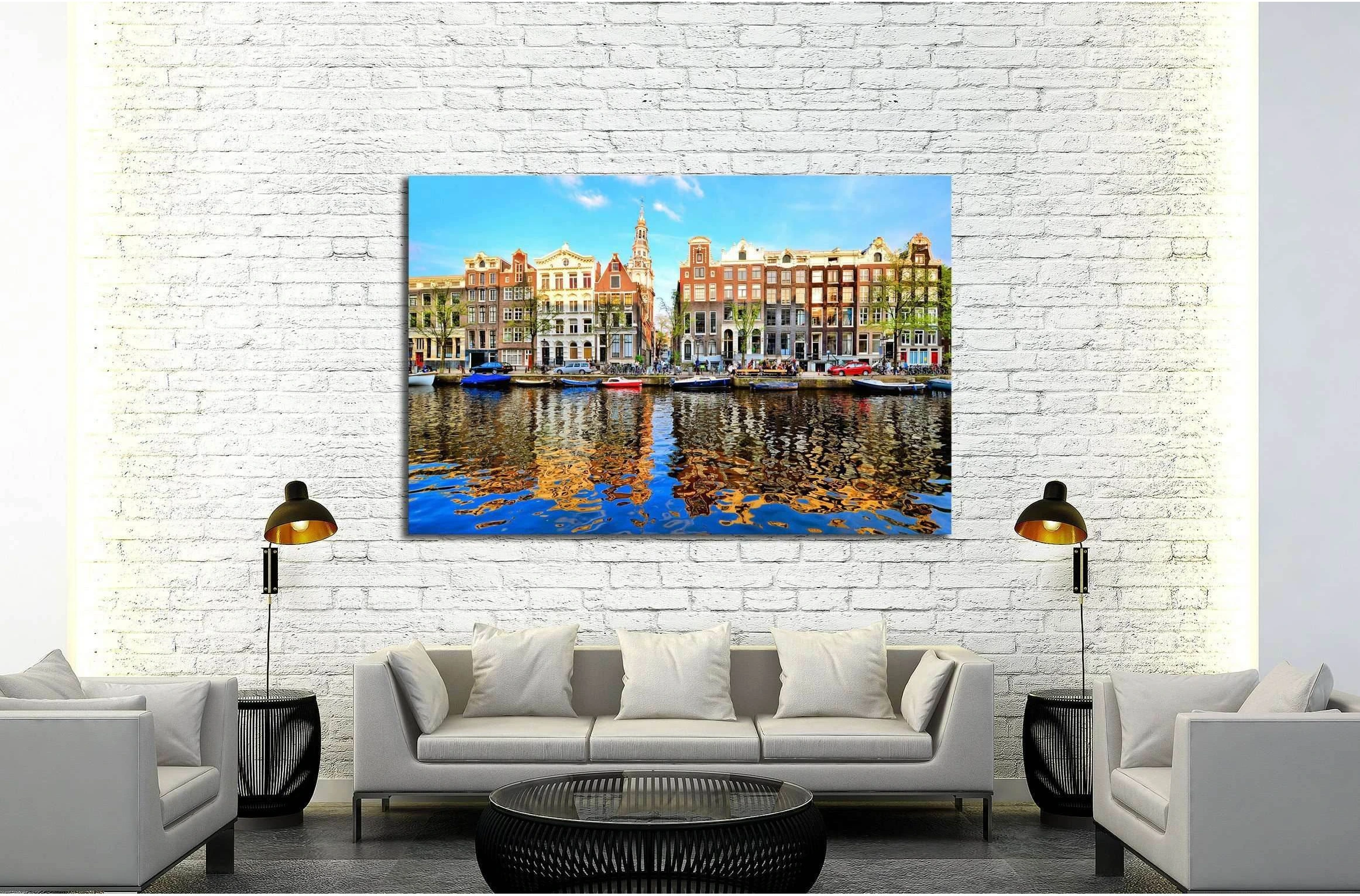 Canal houses of Amsterdam at dusk with vibrant reflections, Netherlands №2167 Ready to Hang Canvas Print - Zellart Canvas Prints ALL_Products, s-2167