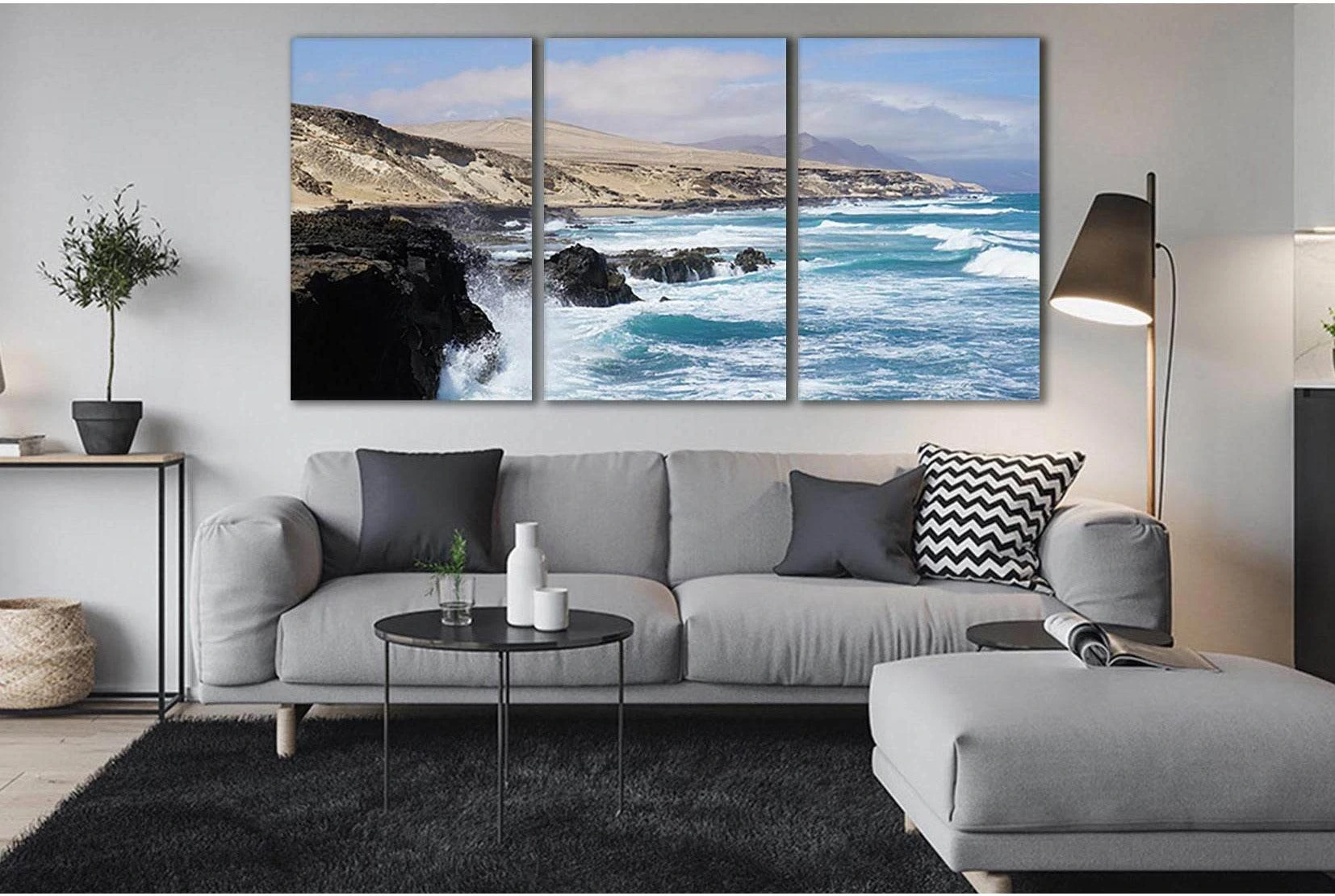 Blue Ocean Waves & Rocky Coast Canvas Print Wall Art showing ocean water, wave movement and surf.
