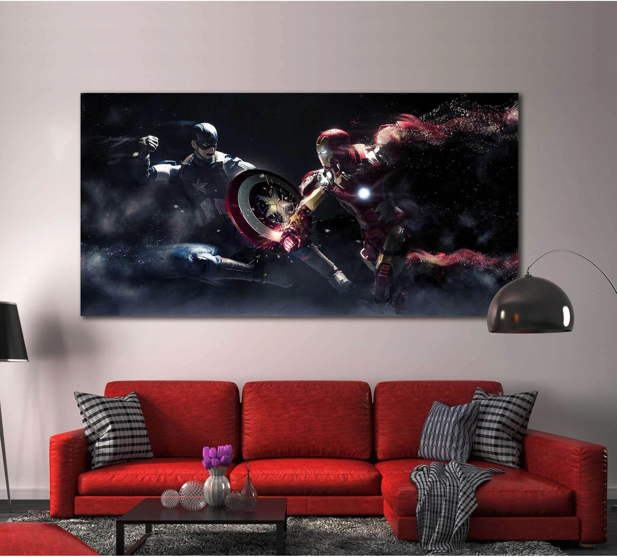Captain America and Iron Man canvas print above red sofa in a modern living room