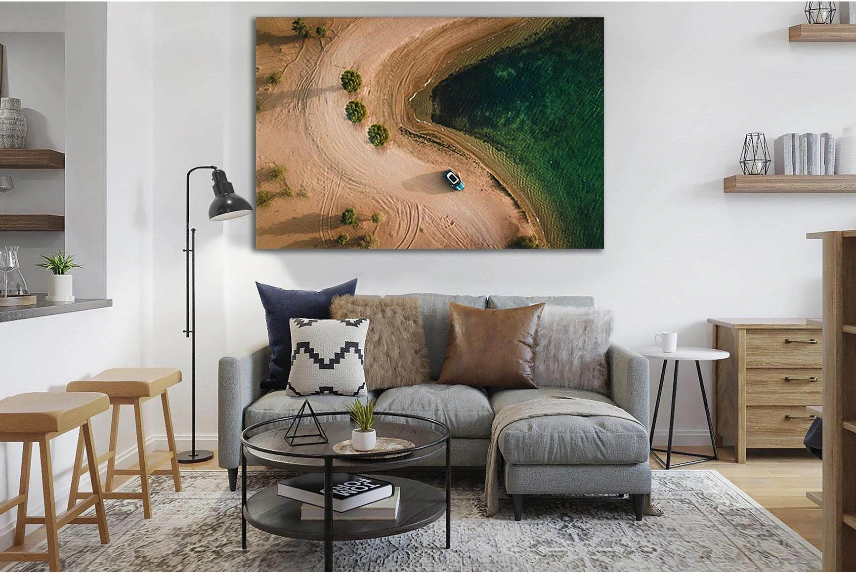Coastal Car On Winding Sand Road Canvas Print showing blue ocean wall art with water and coastal depth.