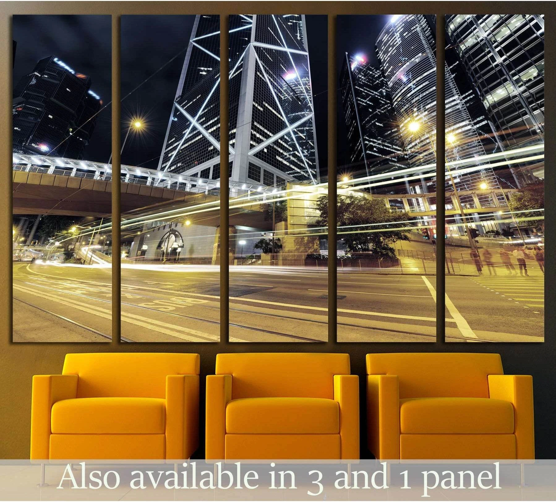Hong Kong night skyline canvas print with bright car light trails and skyscrapers above modern seating