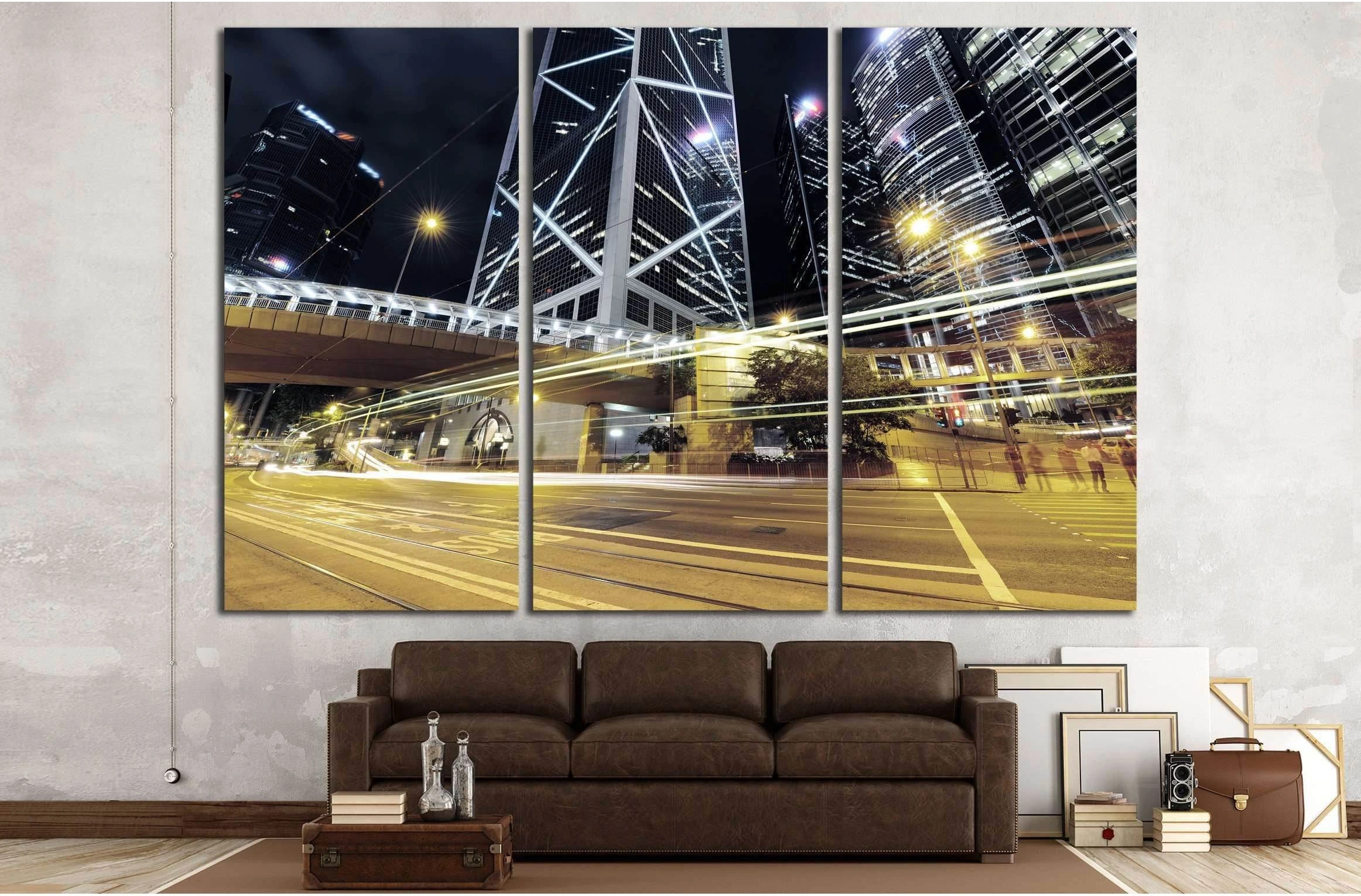 Car light trails and urban landscape in Hong Kong №2160 Ready to Hang Canvas Print - Zellart Canvas Prints ALL_Products, s-2160