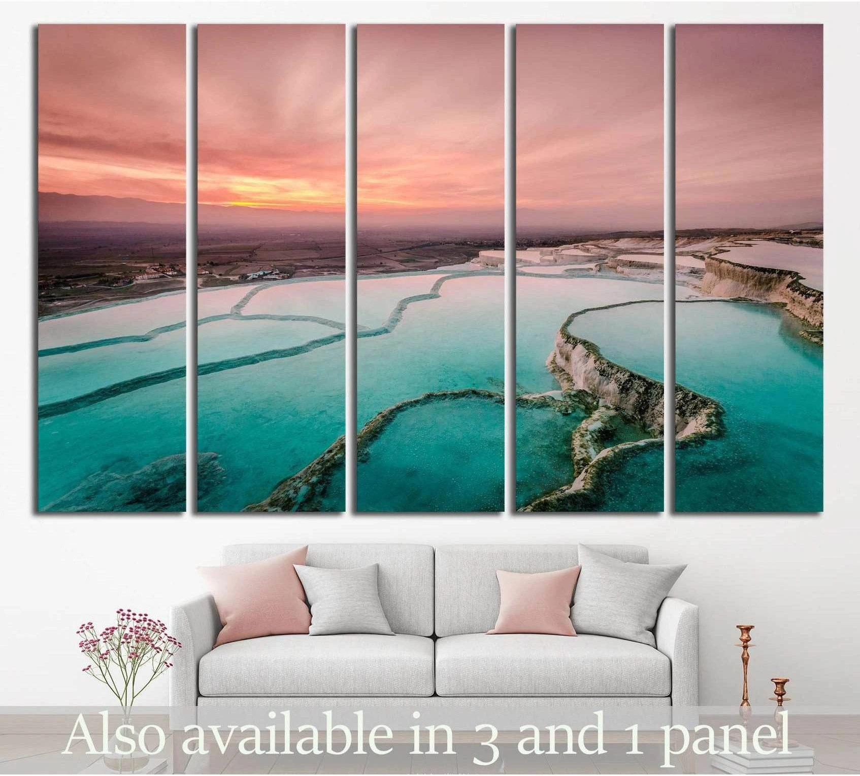 Pamukkale travertine pools canvas print at sunset hung above a sofa in a modern living room